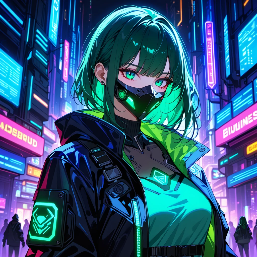 cyberpunk woman, upper body, dark green hair, cyberpunk mask, cyberpunk costume, jacket with neon lighting, midnight neon city, bioluminescent, (masterpiece:1.2),(highest quality:1.2),(very aesthetic:1.2),(absurd:1.2),(detailed background),latest,safety,complex,very detailed