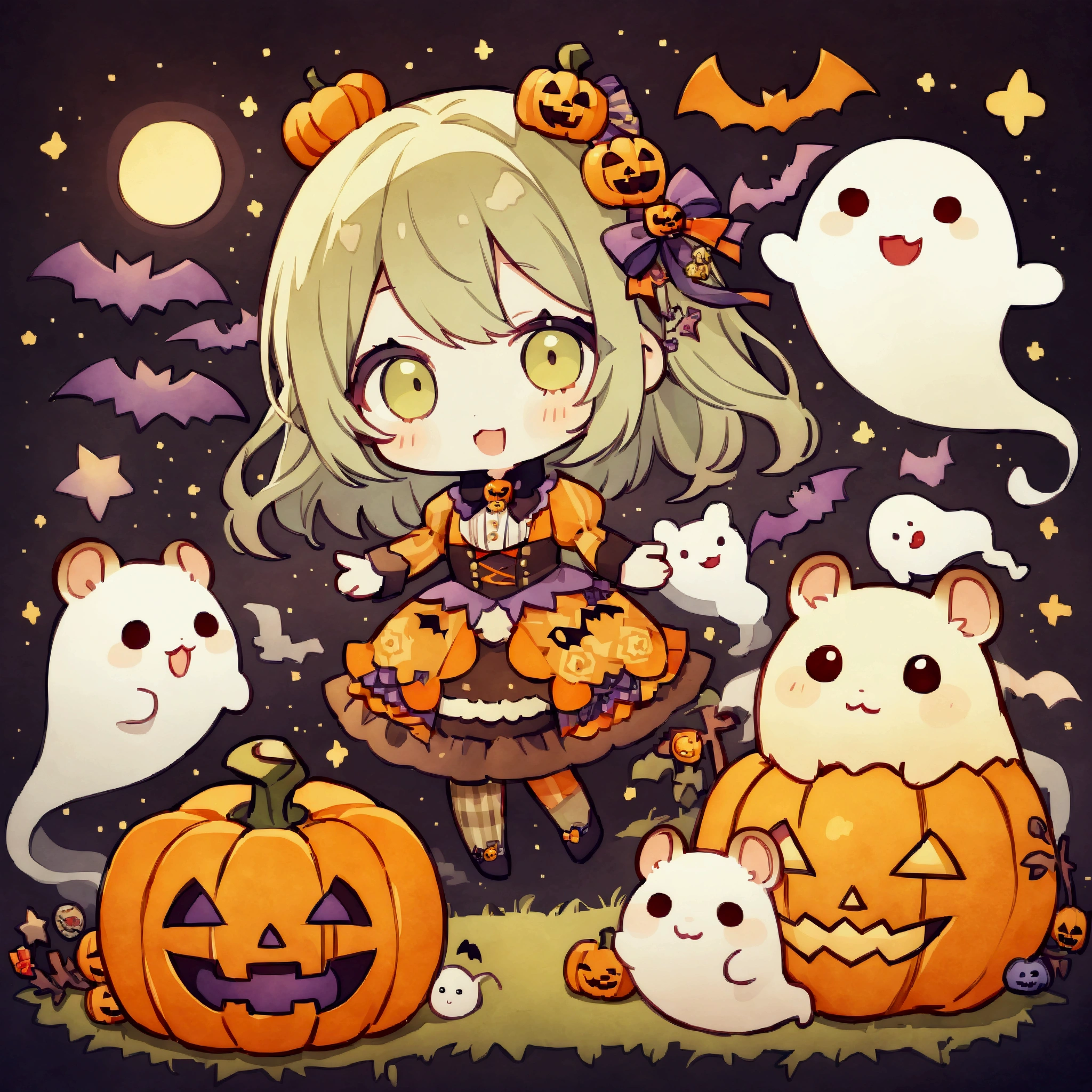 handicraft artwork,patchwork,cloth,button,Felt fabric,Embroidery thread,Handicrafts with a warm and gentle atmosphere,(Halloween,A girl dressed up as a hamster laughs,Chibi, full body, pumpkin,ghost silhouette,Bats),A dream-like sight,rustic colors,intricate details,artwork,Three-dimensional