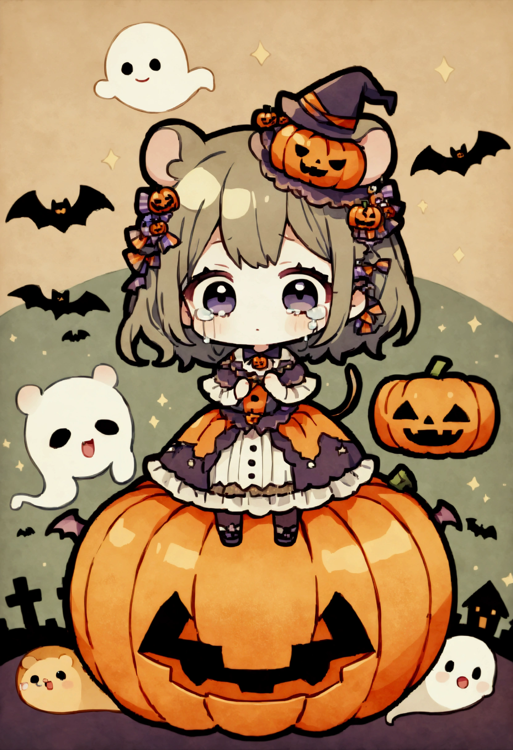 handicraft artwork,patchwork,cloth,button,Felt fabric,Embroidery thread,Handicrafts with a warm and gentle atmosphere,(Halloween,A girl dressed up as a hamster is crying,Chibi, full body, pumpkin,ghost silhouette,Bats),A dream-like sight,rustic colors,intricate details,artwork,Three-dimensional