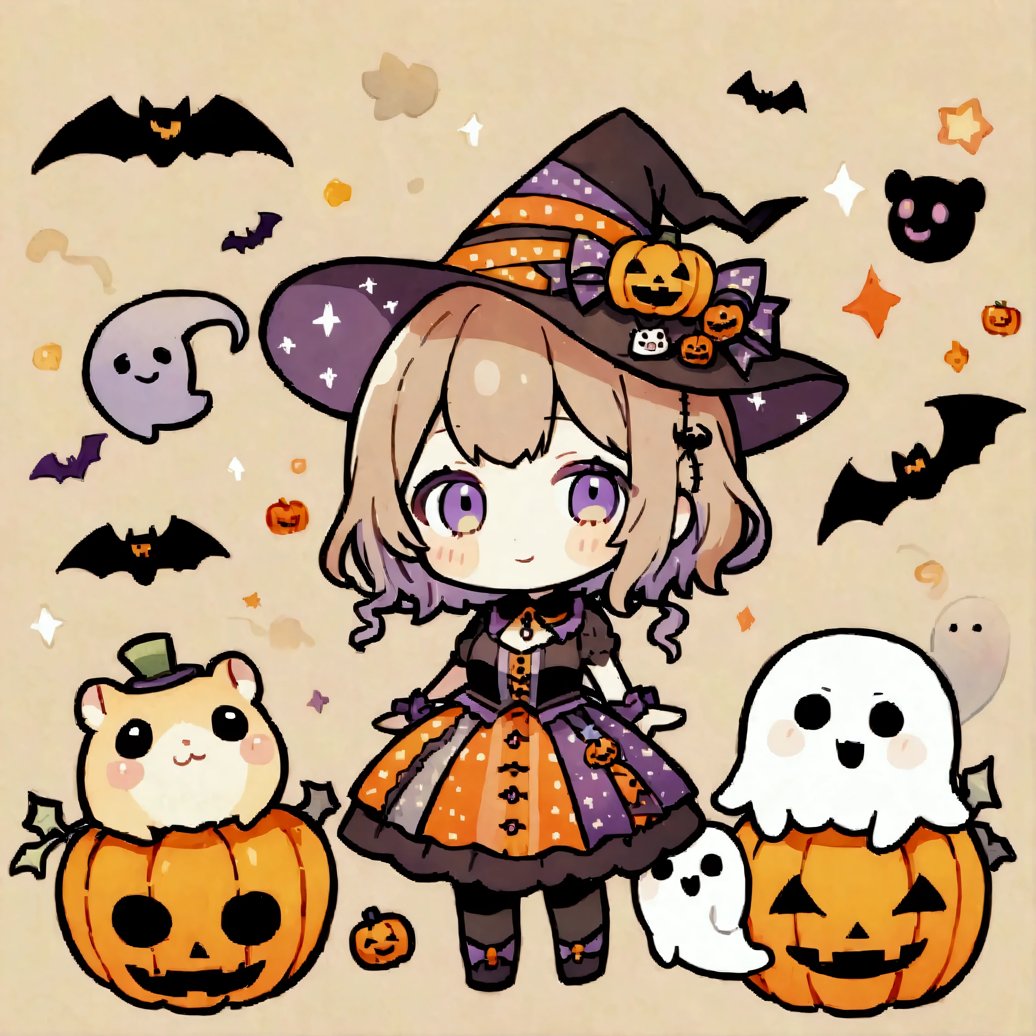 handicraft artwork,patchwork,cloth,button,Felt fabric,Embroidery thread,Handicrafts with a warm and gentle atmosphere,(Halloween,A girl dressed up as a hamster smiles,Chibi, full body, pumpkin,ghost silhouette,Bats),A dream-like sight,rustic colors,intricate details,artwork,Three-dimensional