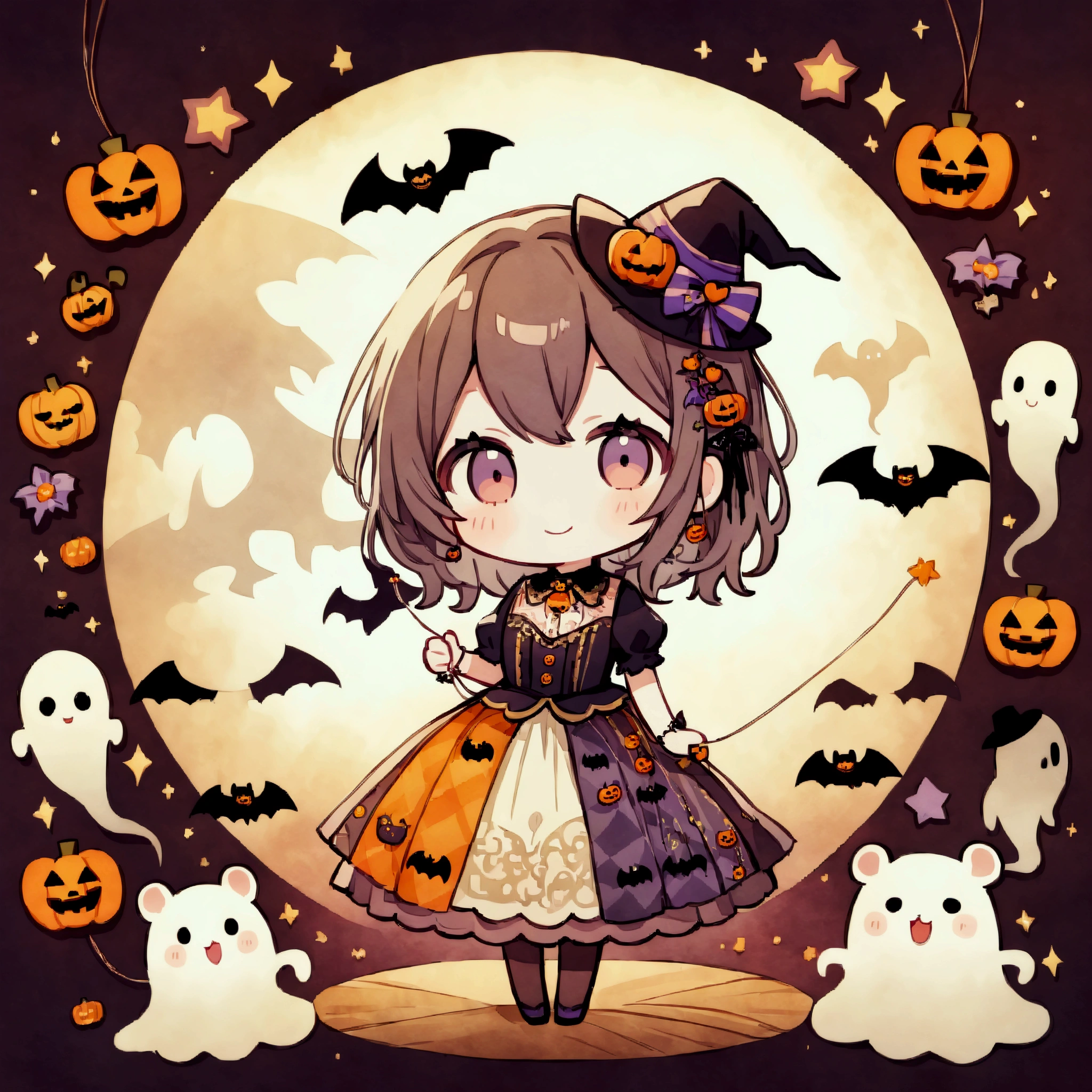 handicraft artwork,patchwork,cloth,button,Felt fabric,Embroidery thread,Handicrafts with a warm and gentle atmosphere,(Halloween,A girl dressed up as a hamster smiles,Chibi, full body,ghost silhouette,Bats),A dream-like sight,rustic colors,intricate details,artwork,Three-dimensional