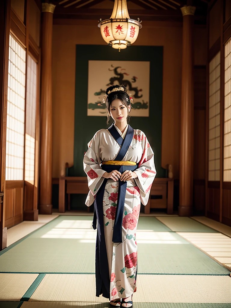   the empress of Japan during the Sengoku period  ,Age 35, model body type,Big Breasts,  is leggy, in the large hall inside the castle,  wearing a kimono with a picture of a dragon on it {x} Wearing a gorgeous kimono ,  standing in a large hall inside a Japanese castle ,god々Standing still,dunhuang_dress