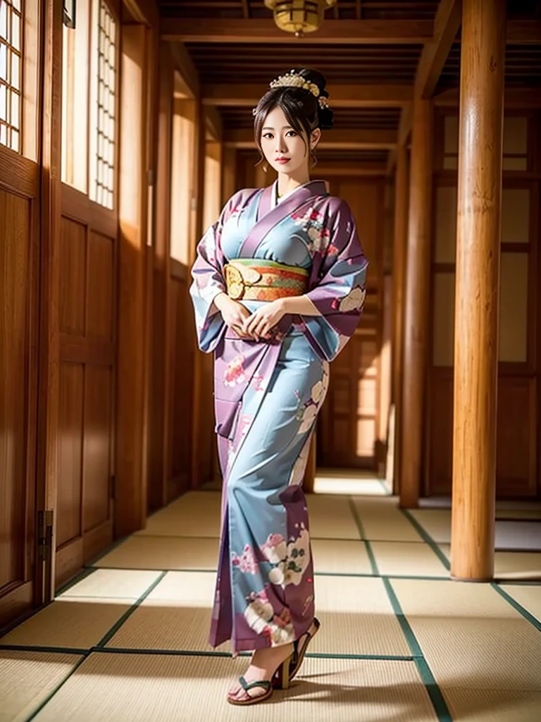   the empress of Japan during the Sengoku period  ,Age 35, model body type,Big Breasts,  is leggy, in the large hall inside the castle,  wearing a kimono with a picture of a dragon on it {x} Wearing a gorgeous kimono ,  standing in a large hall inside a Japanese castle ,god々Standing still,dunhuang_dress