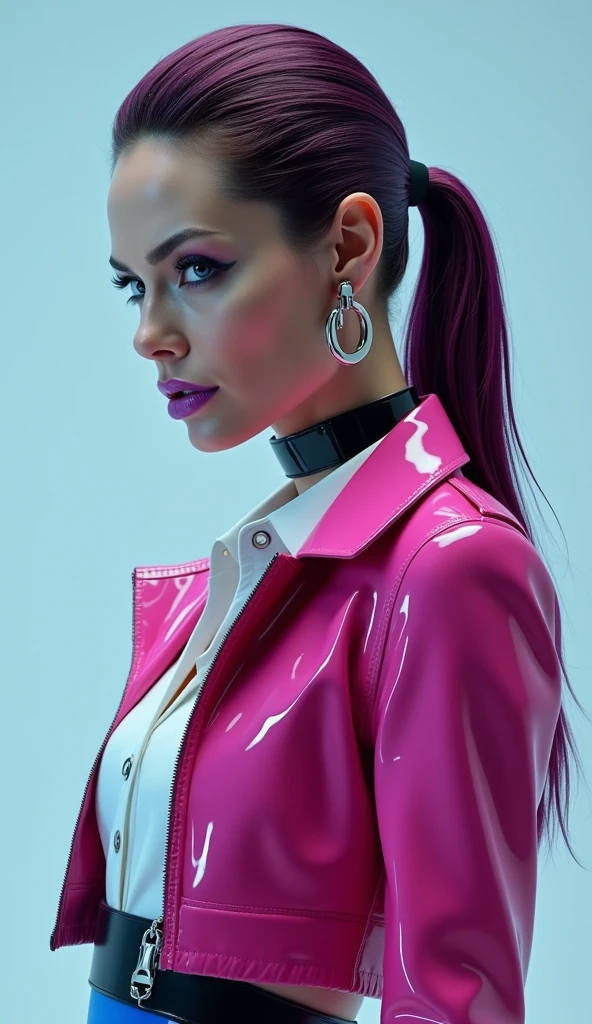 (masterpiece), best quality, expressive eyes, perfect face, has a long black hair with little pink highlights, pink clip on her hair, magenta sleeveless jacket, dark purple gloves with tipfingers, mad face, screaming, big breast, empty background 
 
