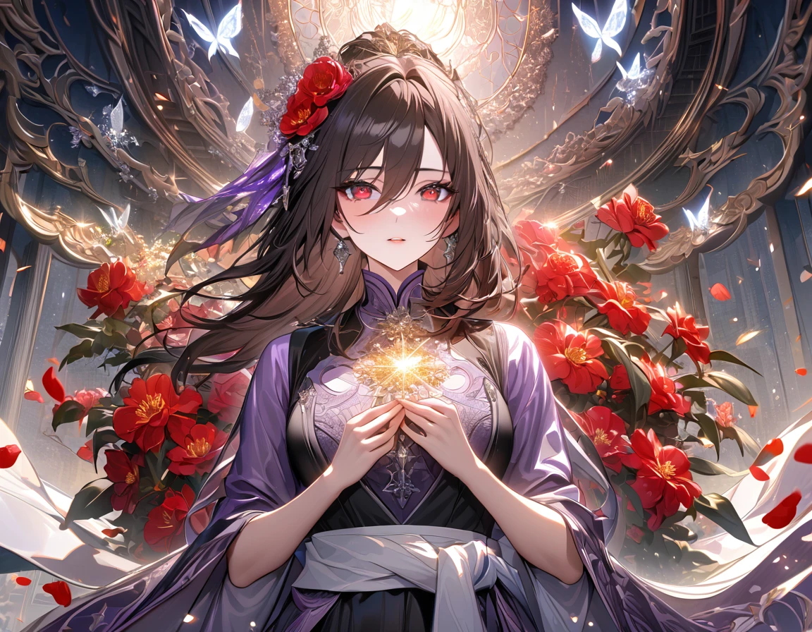 Ultra detailed, HDR, Highres, absurdres, master piece, Hua Cheng, expressive red eyes, dark brown hair, Heaven Official's blessing,glittering silver butterflies, petals, purple undergown and black vest with light blue borderlines and a white sash tied around her waist, red flowers, beatiful, beautiful woman, extremely detailed face and eyes, glittering,