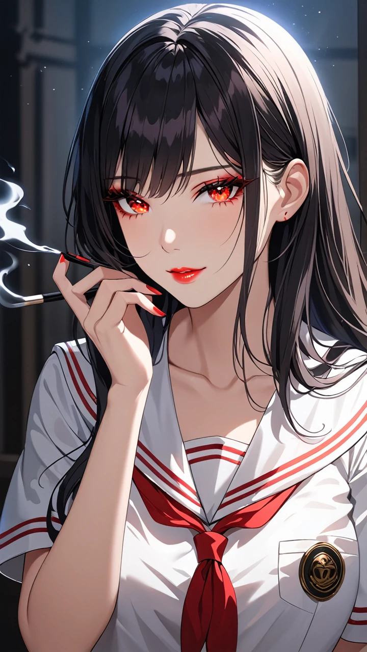 1girl, earrings, solo,lips, female focus, red eyes, looking at viewer, black hair, long hair, closed mouth, Cigarette in the mouth