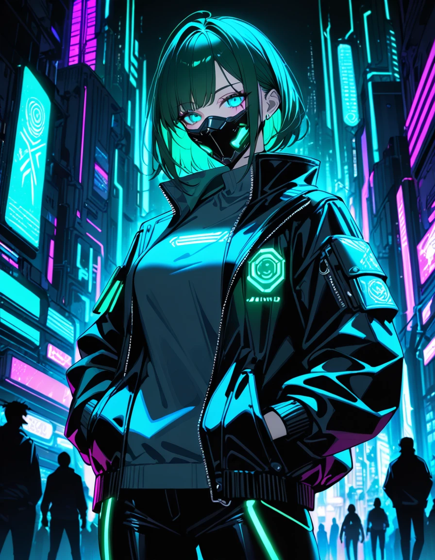 cyberpunk woman, cowboy shot, hand in pocket, dark green hair, cyberpunk mask, cyberpunk costume, jacket with neon lighting, midnight neon city, bioluminescent, monochrome, glow, neon, (masterpiece:1.2),(highest quality:1.2),(very aesthetic:1.2),(absurd:1.2),(detailed background),latest,safety,complex,very detailed