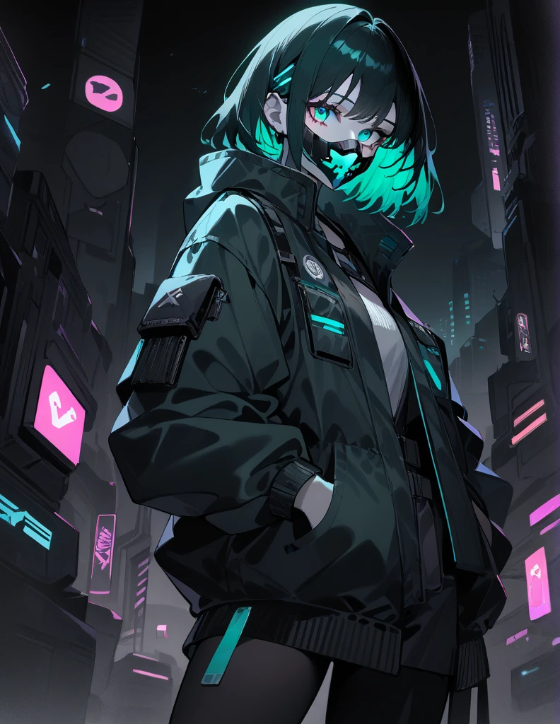 cyberpunk woman, cowboy shot, hand in pocket, dark green hair, cyberpunk mask, cyberpunk costume, jacket with neon lighting, midnight neon city, bioluminescent, monochrome, glow, neon, (masterpiece:1.2),(highest quality:1.2),(very aesthetic:1.2),(absurd:1.2),(detailed background),latest,safety,complex,very detailed