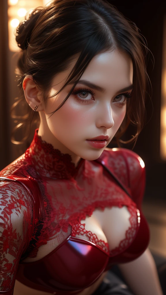 a beautiful brunette woman with an updo hairstyle wearing a very sheer metallic swimsuit in a vivid latex, 4k, (masterpiece:1.3), (photorealistic:1.37), (a fashion model, 22 years old), ((glamour, paparazzi photographing her), sharp focus:1.2, very thin, slim waist, slender, highly detailed face and skin texture, detailed eyes (red lacy latex:1.25), ((latex bodysuit with purple lace)), ((intricate detailed multi-layer bodysuit lacy))), ((red lace-like shiny:1.81)), (raytracing), (glowing light), (bright dark makeup [[pink lipstick]], eyeliner:1.3), ((looking at the viewer)), (big full breasts), attention to detail, double eyelids, wearing an off-shoulder top, full-body lesbian (1 girl), professional lighting, (radiant skin:1.2), glossy large, 22 years old, clear, mature, cool, and a beautiful face, detailed, realist, hd, masterpiece, unique image, photorealistic, extremely detailed face and eyes, beautiful detailed facial features, long lashes, hyper realistic, volumetric lighting, cinematic lighting, dramatic lighting, highly detailed, intricate details, sharp focus, vibrant colors, dynamic pose, elegant, graceful, serene, nevertheless, glowing skin, flawless skin, mesmerizing, captivating