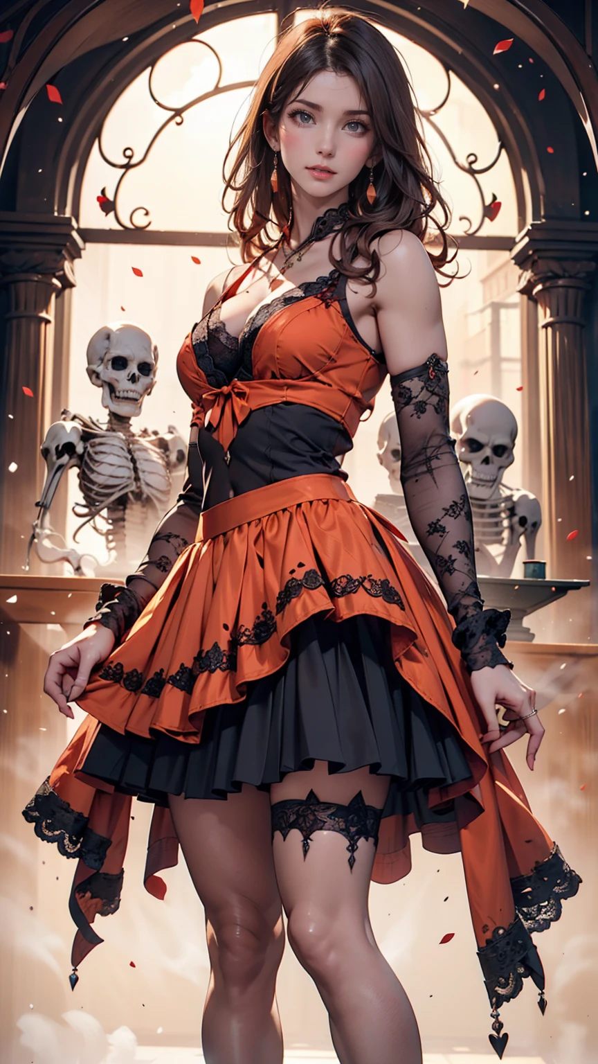 ((masterpiece: 1.4, 最 high quality))+,( ultra detail)+, Official Art,  unity 8k Wallpaper ,  ultra detailed, beautiful,  high quality, beautiful, masterpiece, 最 high quality, ( flat chest), full body, Standing Painting, Pastel Orange Background, Red Straight Hair, Dark Eyes, Black Little Snake, White Theme,  Red Jewelry , Studs, black lace flats, Asymmetrical skirt, Bloodstains on skirt, devil, skeleton, Lots of lace