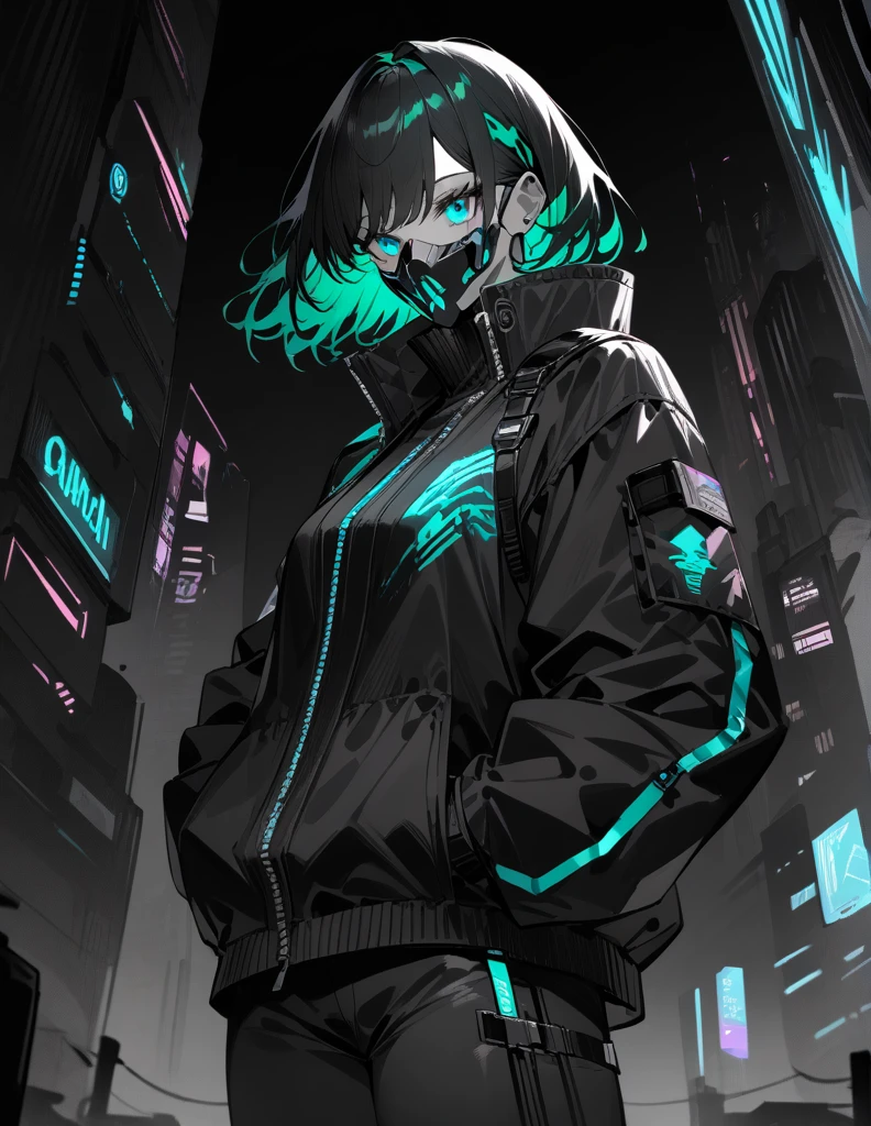 cyberpunk woman, cowboy shot, hand in pocket, dark green hair, cyberpunk mask, cyberpunk costume, jacket with neon lighting, midnight neon city, bioluminescent, monochrome, glow, neon, (masterpiece:1.2),(highest quality:1.2),(very aesthetic:1.2),(absurd:1.2),(detailed background),latest,safety,complex,very detailed