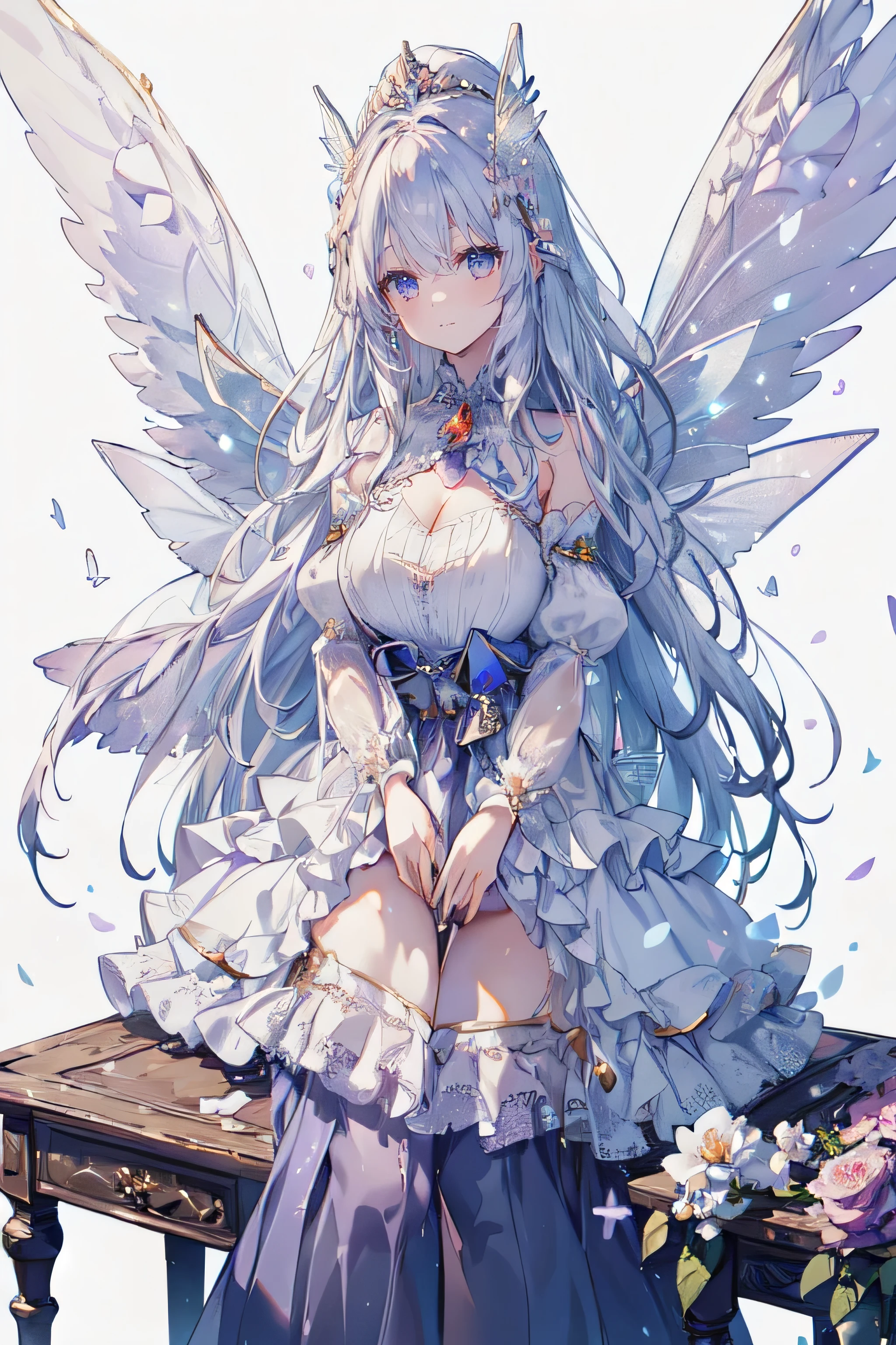 tmasterpiece, (Best quality:1.2), [:Complicated details:0.2], 1 plump girl,  Angelic, the angel's wings, White frills, (Daytime sky), A flashing halo, intense concentration, Burst energy, mystic symbols, scintillation particles,