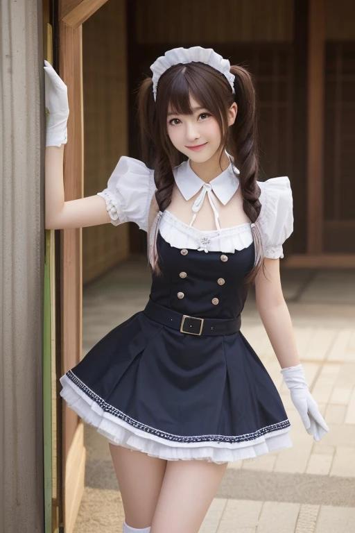 Photo-realistic quality、部屋に立つ黒と白の衣装で dressを着た日本人モデル, Maid衣装, Twin tails white_Gloves,  portrait of a radical Ta girl , Maid衣装の少女,  Data Style, Maid! dress,  ta fashion ,  looking at the camera、Detailed and beautiful eyes、Cute smile、 soft and gentle expression 