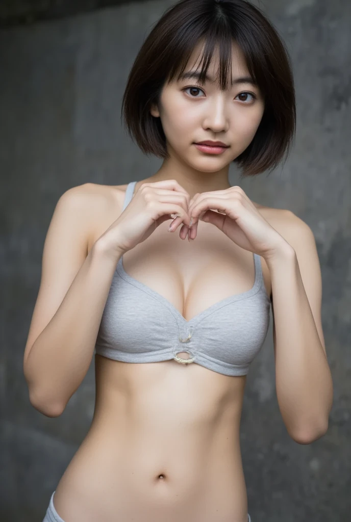 Only one woman with a cute smile is in a pose wearing off-shoulder pajamas, making a firm big heart shape with both hands, and holding them in front of her chest, View above collarbone、The background is a monotone 

