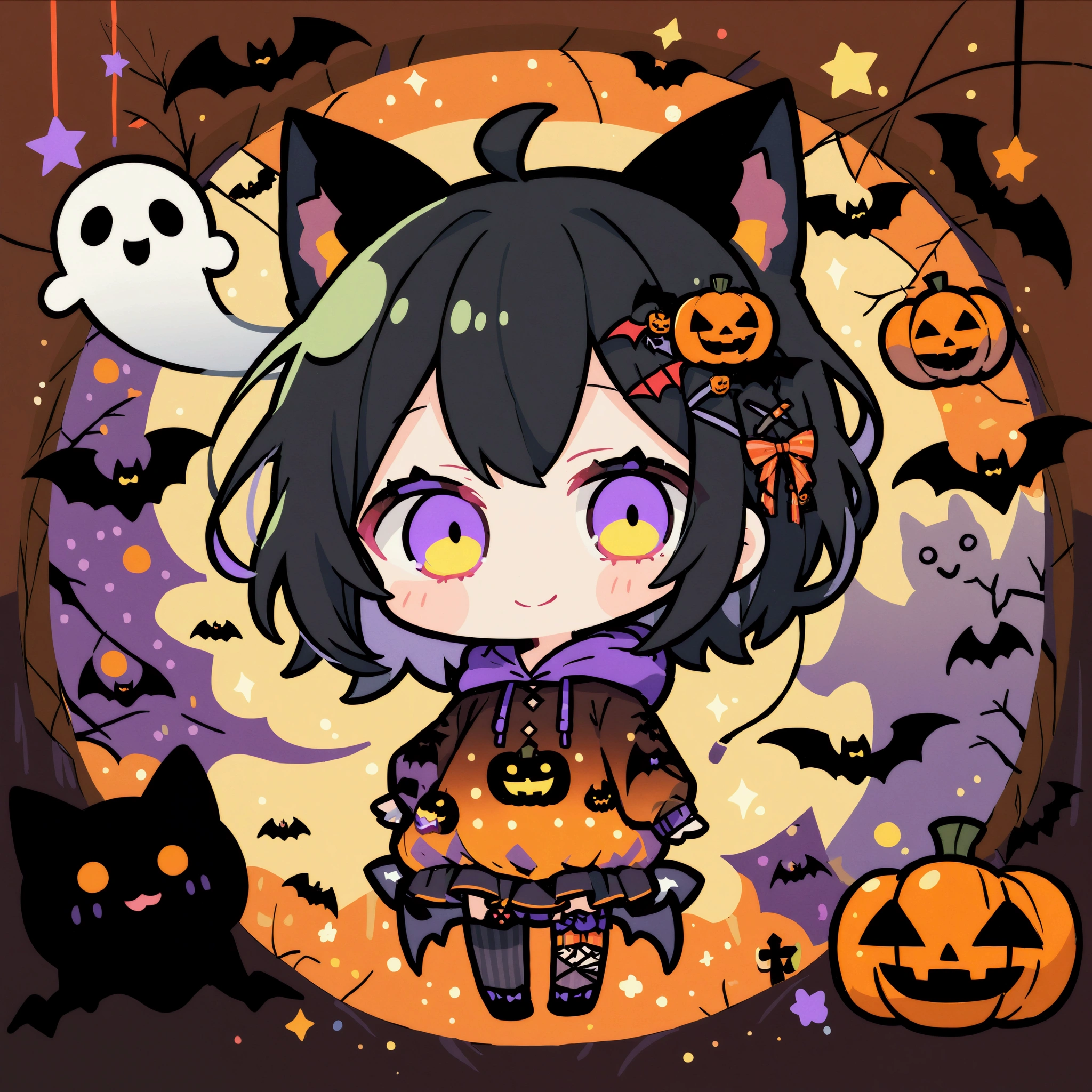 handicraft artwork,patchwork,cloth,button,Felt fabric,Embroidery thread,Handicrafts with a warm and gentle atmosphere,(Halloween,A girl wearing a hooded hoodie with black cat ears smiles,Chibi, full body, pumpkin,ghost silhouette,Bats),A dream-like sight,rustic colors,intricate details,artwork,Three-dimensional