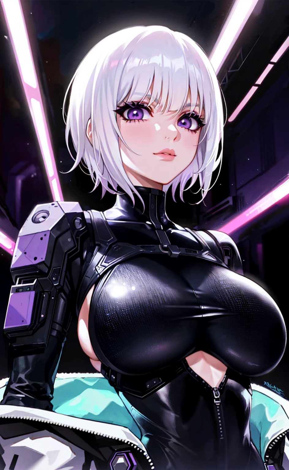 Alone, Lucy ( cyberpunk ),  short hair,  Party Lips , bangs,  looking at the audience, Upper body, 1 woman, jacket, black background,   purple eyes watching , Bodysuit,  white hair, (((M cup chest))), very very big boob