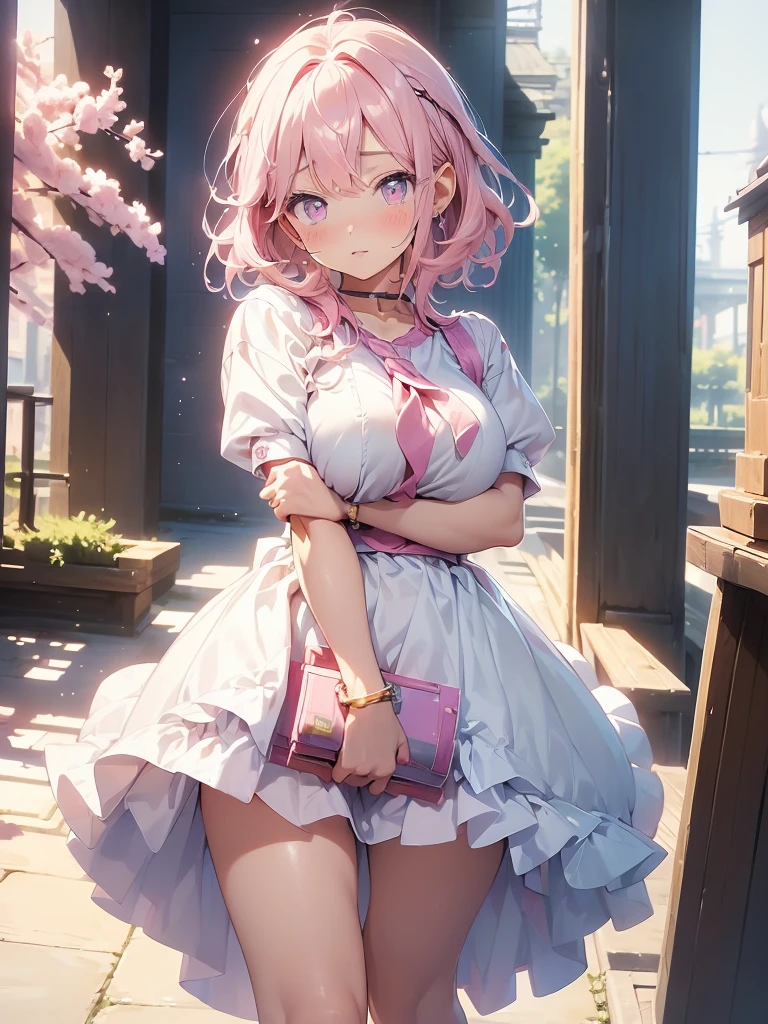 1girl,flower pattern , pink idol,pastel pink hair,brown eye,bob hair,working, put hands on body, full body,red frame eyewear,big breasts,