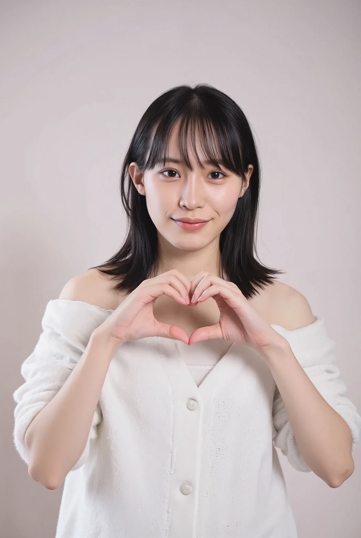 Only one woman with a cute smile is in a pose wearing off-shoulder pajamas, making a firm big heart shape with both hands, and holding them in front of her chest, View above collarbone、The background is a monotone