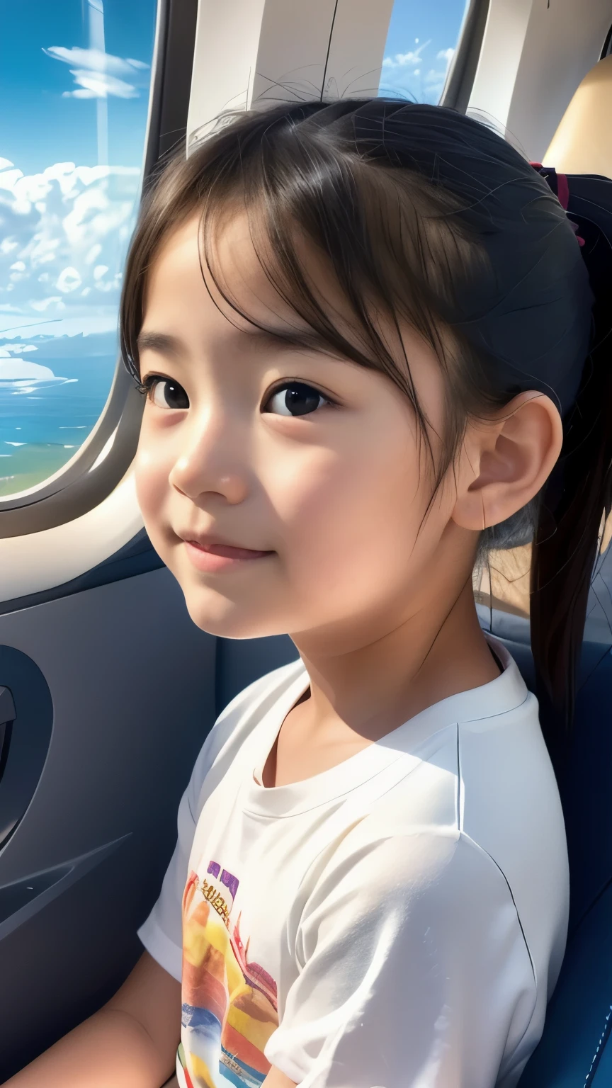 Kinda cute ,Double Ponytail,Wear red and white clothes.,Black Hair,very happy, There is an airplane on the grass background.