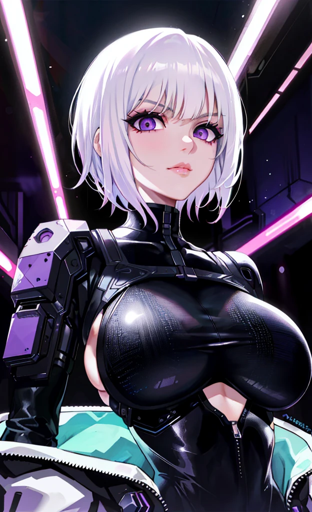 Alone, Lucy ( cyberpunk ),  short hair,  Party Lips , bangs,  looking at the audience, Upper body, 1 woman, jacket, black background,   purple eyes watching , Bodysuit,  white hair, (((M cup chest))), Empty eyes,  sharp eyes ,  threatening expression 