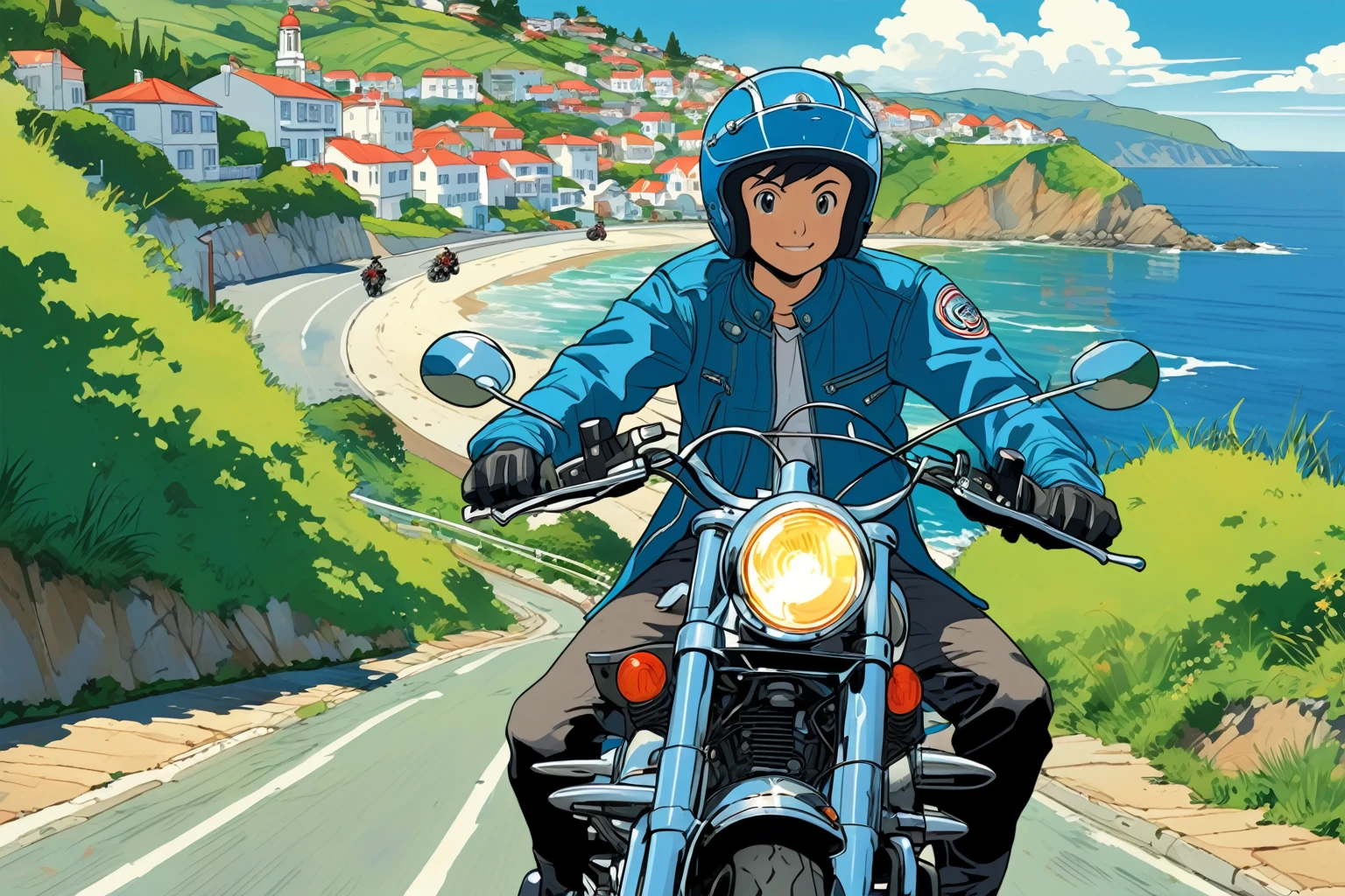 Anime style illustration of a  riding a vintage motorcycle down a scenic coastal road. The boy is wearing a blue helmet Blue jacket. The background features a breathtaking view of a seaside town with white buildings, lush green hills, and a sparkling blue ocean under a clear, sunny sky. Puffy white clouds are scattered across the sky, and the road curves along the hillside, offering a perfect view of the coastline. The overall mood is energetic and carefree, capturing the thrill of a summer ride by the sea.