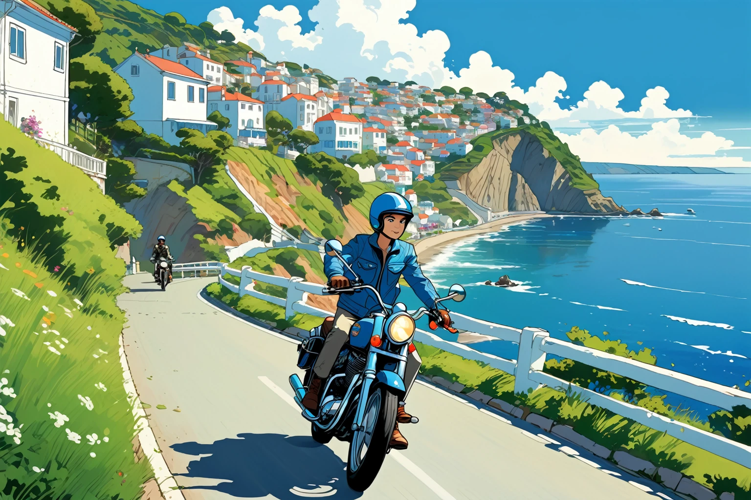 Anime style illustration of a  riding a vintage motorcycle down a scenic coastal road. The boy is wearing a blue helmet Blue jacket. The background features a breathtaking view of a seaside town with white buildings, lush green hills, and a sparkling blue ocean under a clear, sunny sky. Puffy white clouds are scattered across the sky, and the road curves along the hillside, offering a perfect view of the coastline. The overall mood is energetic and carefree, capturing the thrill of a summer ride by the sea.