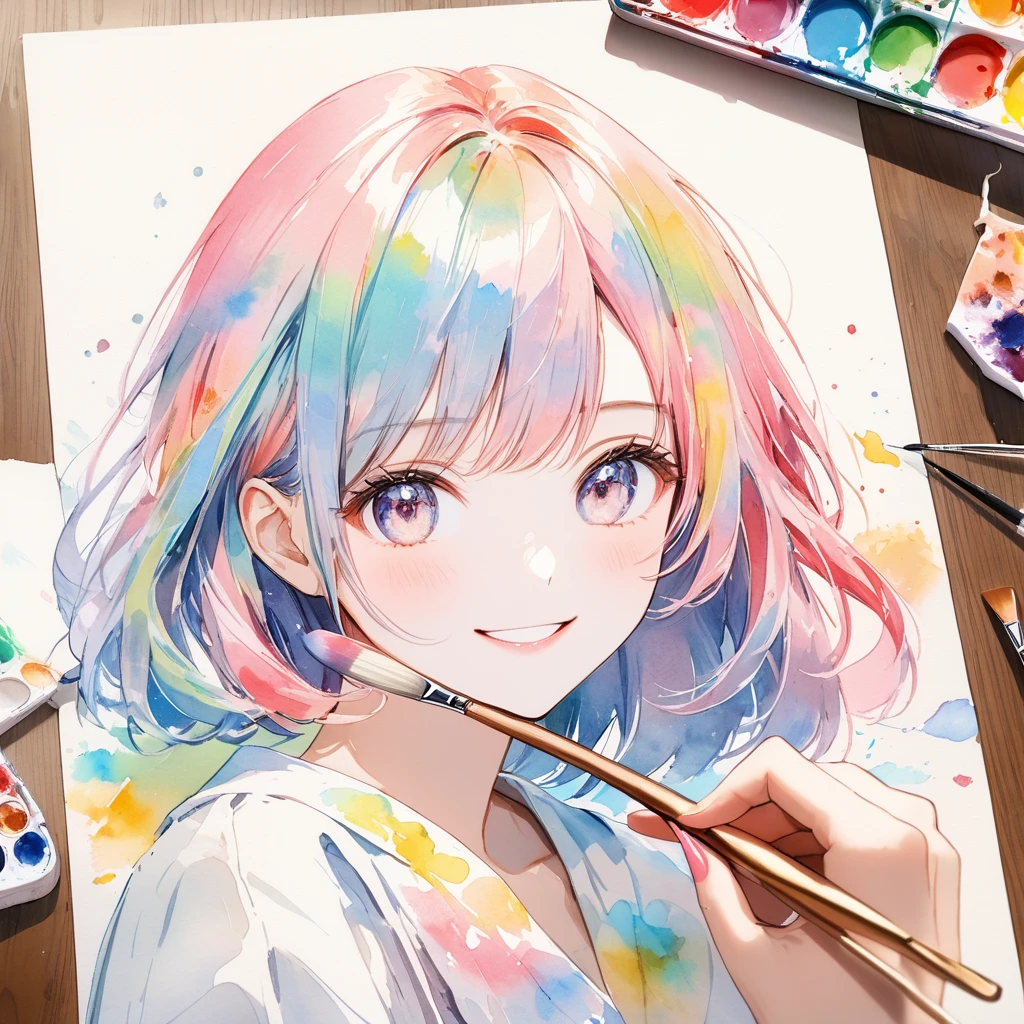 ((pastel、 watercolor style ))、1 woman, face,smile, written on the picture ,A masterpiece holding a , paint applied ,colorful, showing the hand drawing , brush on white paper,Best Quality,Exquisite,8k, absurd, super detailed illustrations on white paper ,( Viewers )