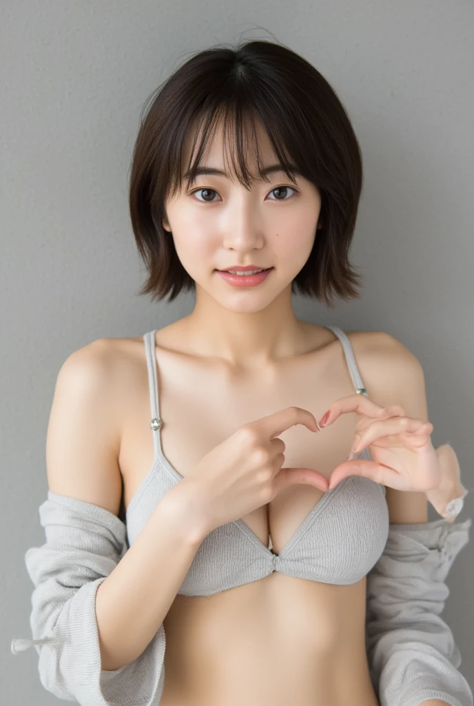 Only one woman with a cute smile is in a pose wearing off-shoulder pajamas, making a firm big heart shape with both hands, and holding them in front of her chest, View above collarbone、The background is a monotone 

