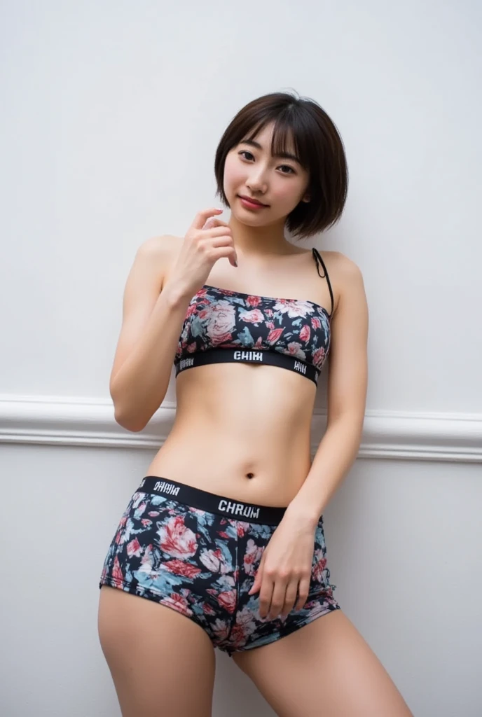 Only one woman with a cute smile is in a pose wearing off-shoulder pajamas, making a firm big heart shape with both hands, and holding them in front of her chest, View above collarbone、The background is a monotone 

