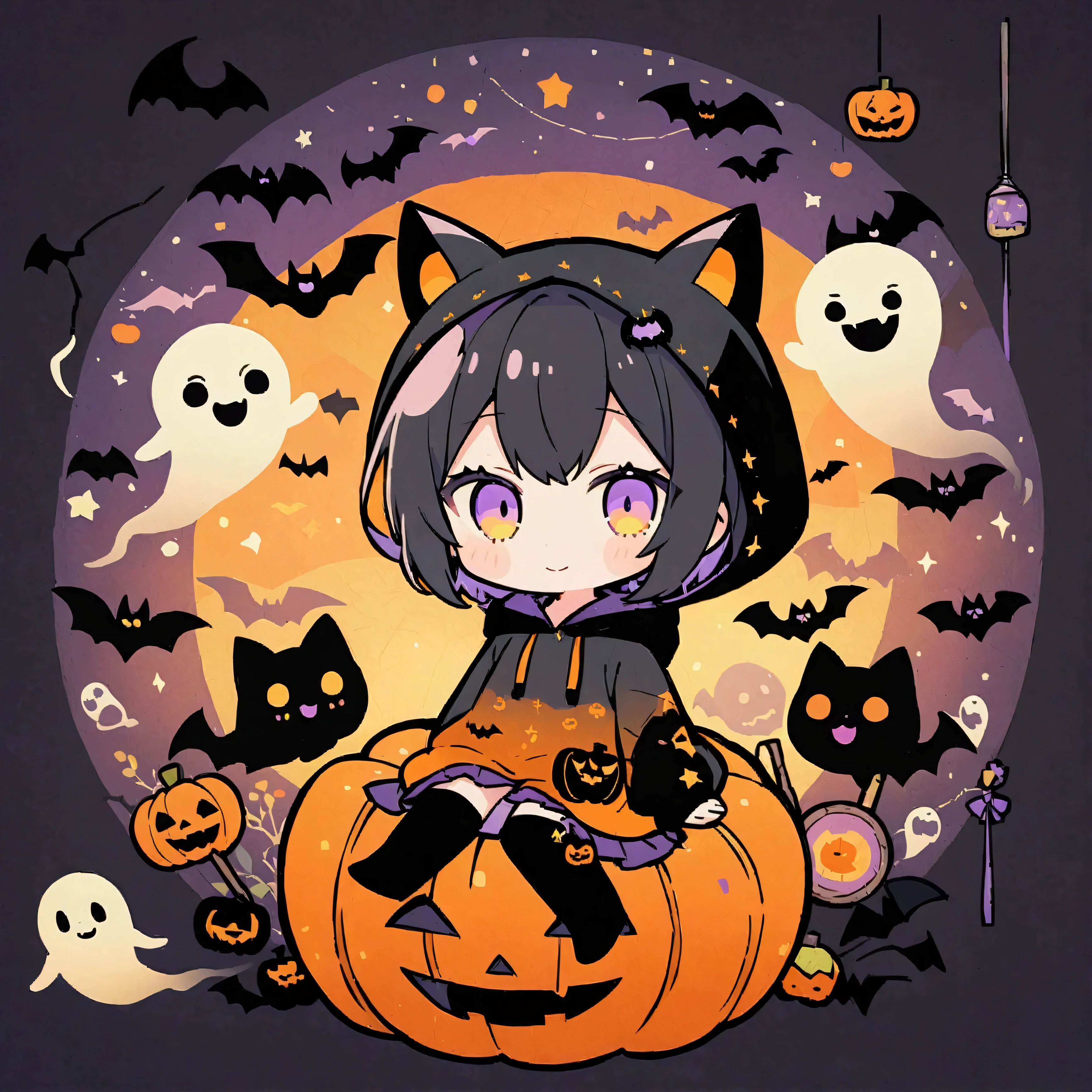 handicraft artwork,patchwork,cloth,button,Felt fabric,Embroidery thread,Handicrafts with a warm and gentle atmosphere,(Halloween,A girl wearing a hooded hoodie with black cat ears smiles,Chibi, full body, pumpkin,ghost silhouette,Bats),A dream-like sight,rustic colors,intricate details,artwork,Three-dimensional