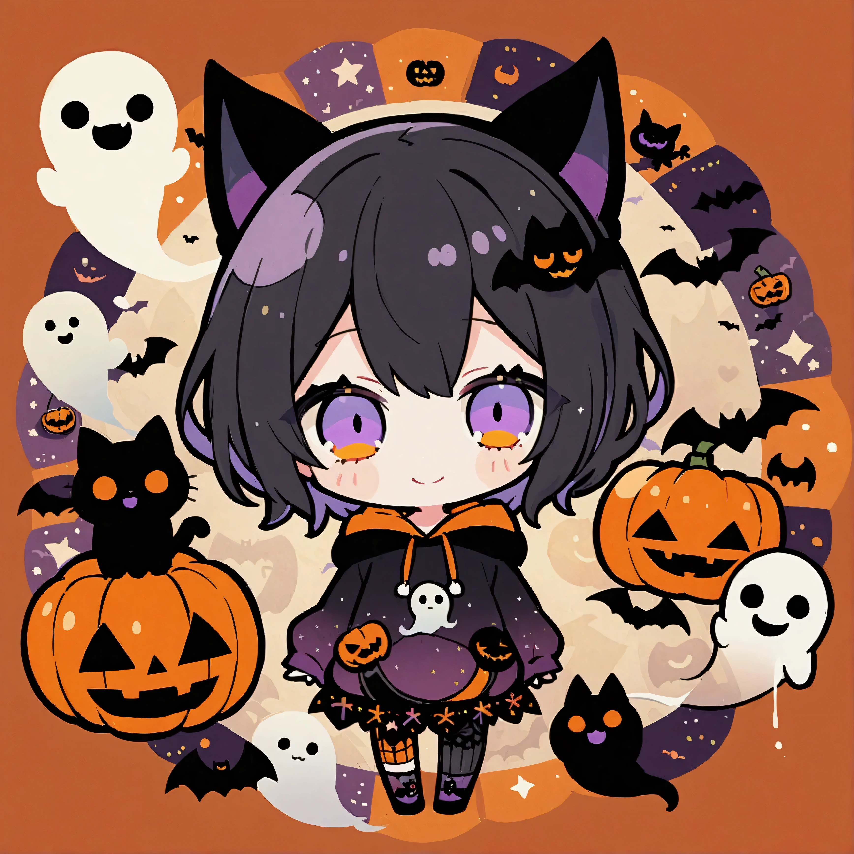 handicraft artwork,patchwork,cloth,button,Felt fabric,Embroidery thread,Handicrafts with a warm and gentle atmosphere,(Halloween,A girl wearing a hooded hoodie with black cat ears smiles,Chibi, full body, pumpkin,ghost silhouette,Bats),A dream-like sight,rustic colors,intricate details,artwork,Three-dimensional