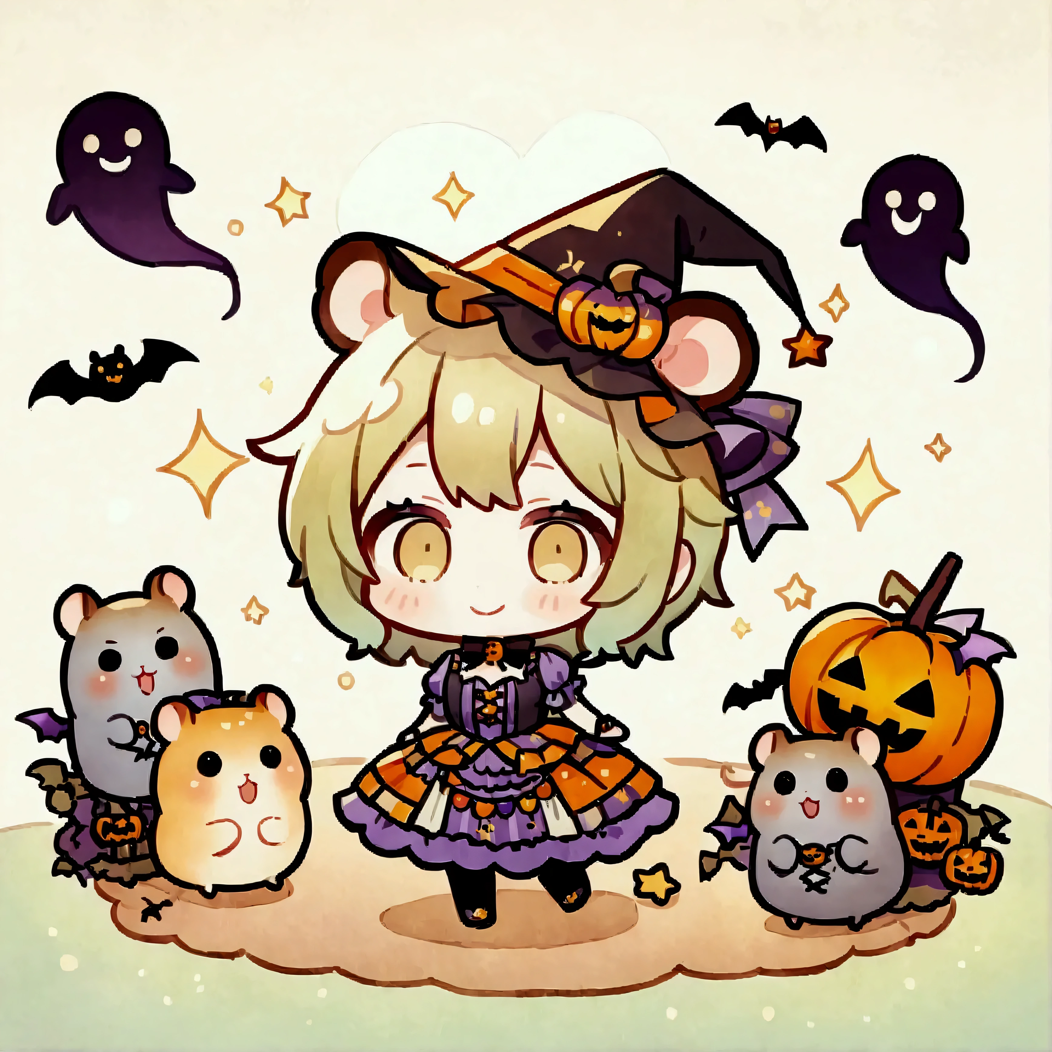 handicraft artwork,patchwork,cloth,button,Felt fabric,Embroidery thread,Handicrafts with a warm and gentle atmosphere,(Halloween,A girl dressed up as a hamster smiles,Chibi, full body,ghost silhouette,Bats),A dream-like sight,rustic colors,intricate details,artwork,Three-dimensional