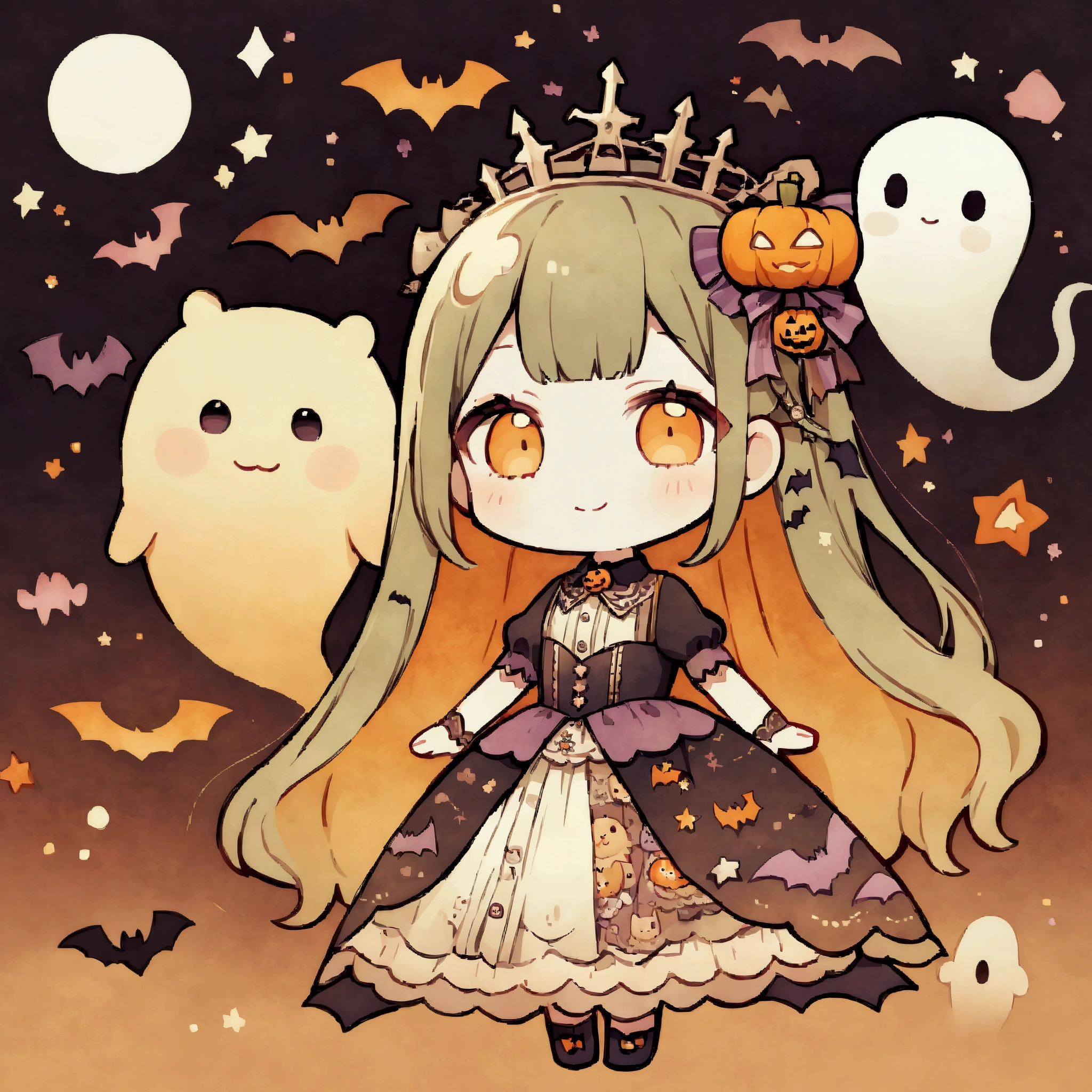 handicraft artwork,patchwork,cloth,button,Felt fabric,Embroidery thread,Handicrafts with a warm and gentle atmosphere,(A girl dressed up as a hamster smiles,Chibi, full body,Halloween Background,ghost silhouette,Bats),A dream-like sight,rustic colors,intricate details,artwork,Three-dimensional