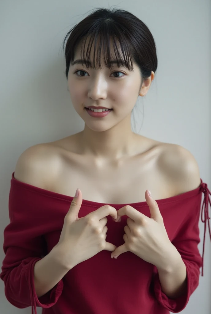 Only one woman with a cute smile is in a pose wearing off-shoulder pajamas, making a firm big heart shape with both hands, and holding them in front of her chest, View above collarbone、The background is a monotone 

