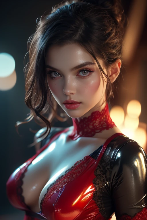 a beautiful brunette woman with an updo hairstyle wearing a very sheer metallic swimsuit in a vivid latex, 4k, (masterpiece:1.3), (photorealistic:1.37), (a fashion model, 22 years old), ((glamour, paparazzi photographing her), sharp focus:1.2, very thin, slim waist, slender, highly detailed face and skin texture, detailed eyes (red lacy latex:1.25), ((latex bodysuit with purple lace)), ((intricate detailed multi-layer bodysuit lacy))), ((red lace-like shiny:1.81)), (raytracing), (glowing light), (bright dark makeup [[pink lipstick]], eyeliner:1.3), ((looking at the viewer)), (big full breasts), attention to detail, double eyelids, wearing an off-shoulder top, full-body lesbian (1 girl), professional lighting, (radiant skin:1.2), glossy large, 22 years old, clear, mature, cool, and a beautiful face, detailed, realist, hd, masterpiece, unique image, photorealistic, extremely detailed face and eyes, beautiful detailed facial features, long lashes, hyper realistic, volumetric lighting, cinematic lighting, dramatic lighting, highly detailed, intricate details, sharp focus, vibrant colors, dynamic pose, elegant, graceful, serene, nevertheless, glowing skin, flawless skin, mesmerizing, captivating