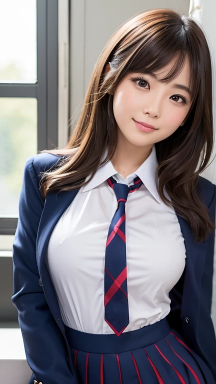 (8k), (highest quality: 1.2), (Realistic), (Realistic: 1.37), Ultra-high resolution, 1 girl, smile,blue eyes, Duck mouth,Downward, Beautiful details, Beautiful Nose, Wet Hair, Giant Dulcefo, pork, Thighs，Self Snap,University uniform,Eating juice at a department store,Downward,(University uniformのブレザー1),(Navy Check Flared Skirt),(The tie has a tartan check pattern.:1.3),Thighs,Knee-high tights,Close up on thighs,A young and cute gravure idol,