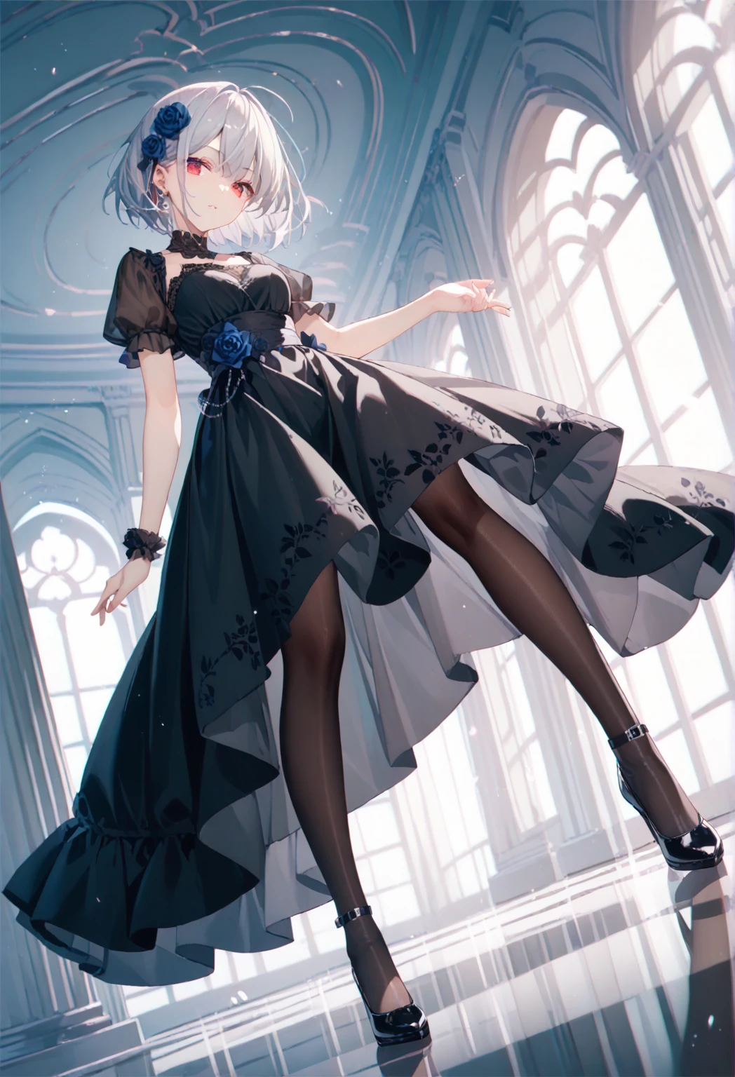 ultra-detailed,Light blue-violet hair、short bob hair、blunt bangs,violet eyes、full body、standing position、1 girl、Sparkling night view background、Sorrowful expression,Gothic Lolita,black dress,platform boots,master piece,best quality、