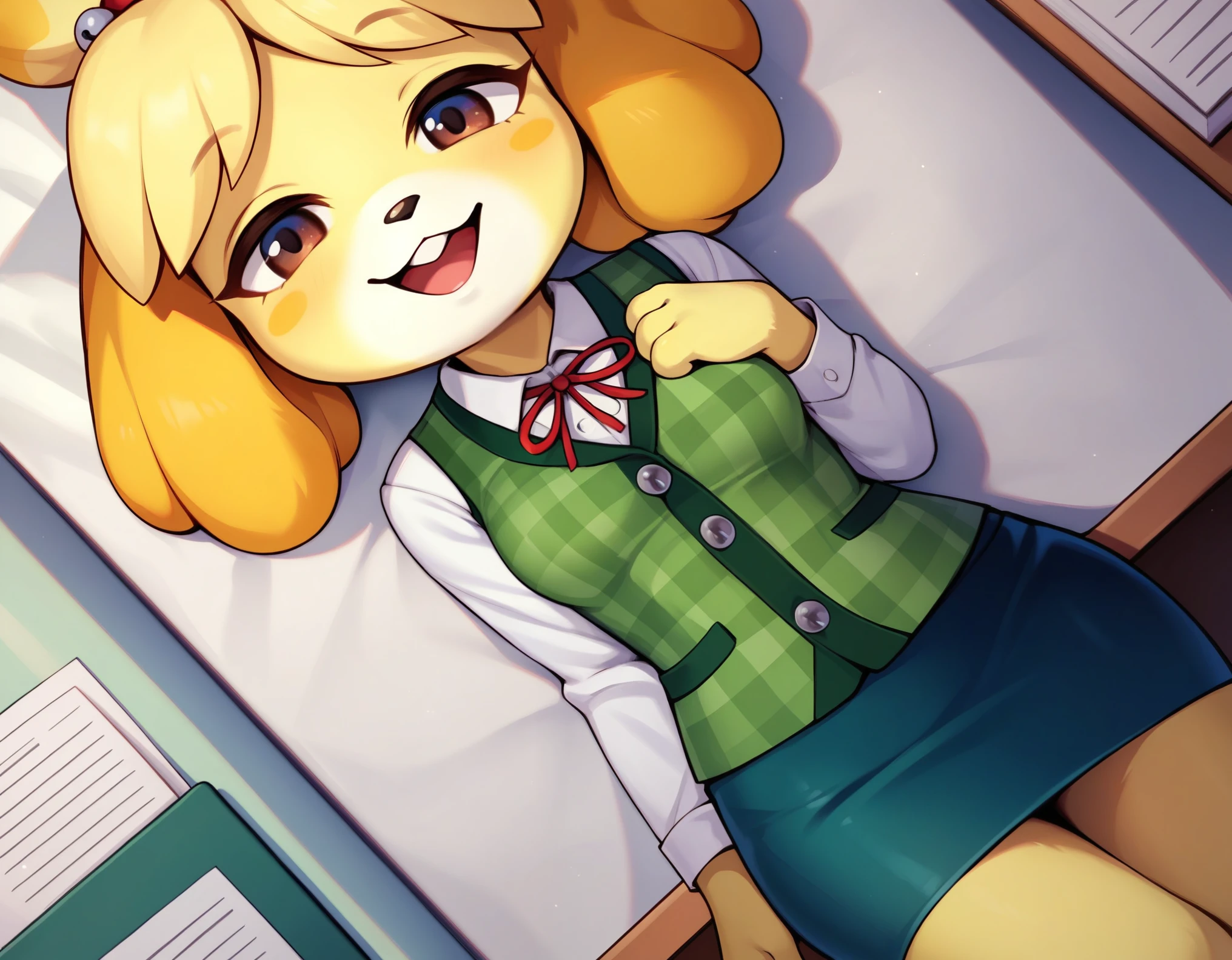 (Isabelle), (animal crossing), black lingerie, open legs, shy smile, blush, black lace stockings, The open arms, on the desk, bloomed white shirt, face of shame , short stature