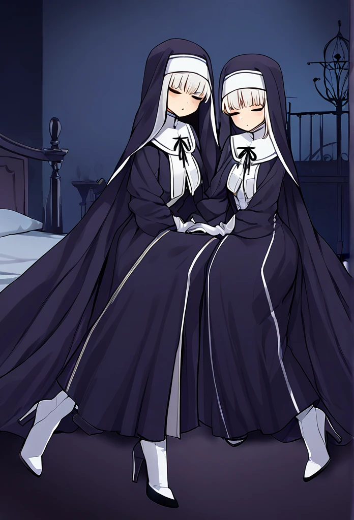 (2girls, couple) Nun, long skirt, long over loose sleeves, white gloves, faceless, handless, nun outfits, 
cape covering whole body, long cape, scary cape, sexy, sexy pose,, room, bed, laying down on bed, laying down together 