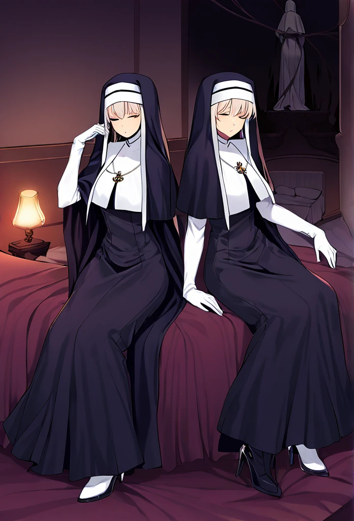 (2girls, couple) Nun, long skirt, long over loose sleeves, white gloves, faceless, handless, nun outfits, 
cape covering whole body, long cape, scary cape, sexy, sexy pose, heels boots, room, bed, sitting. sleeping together