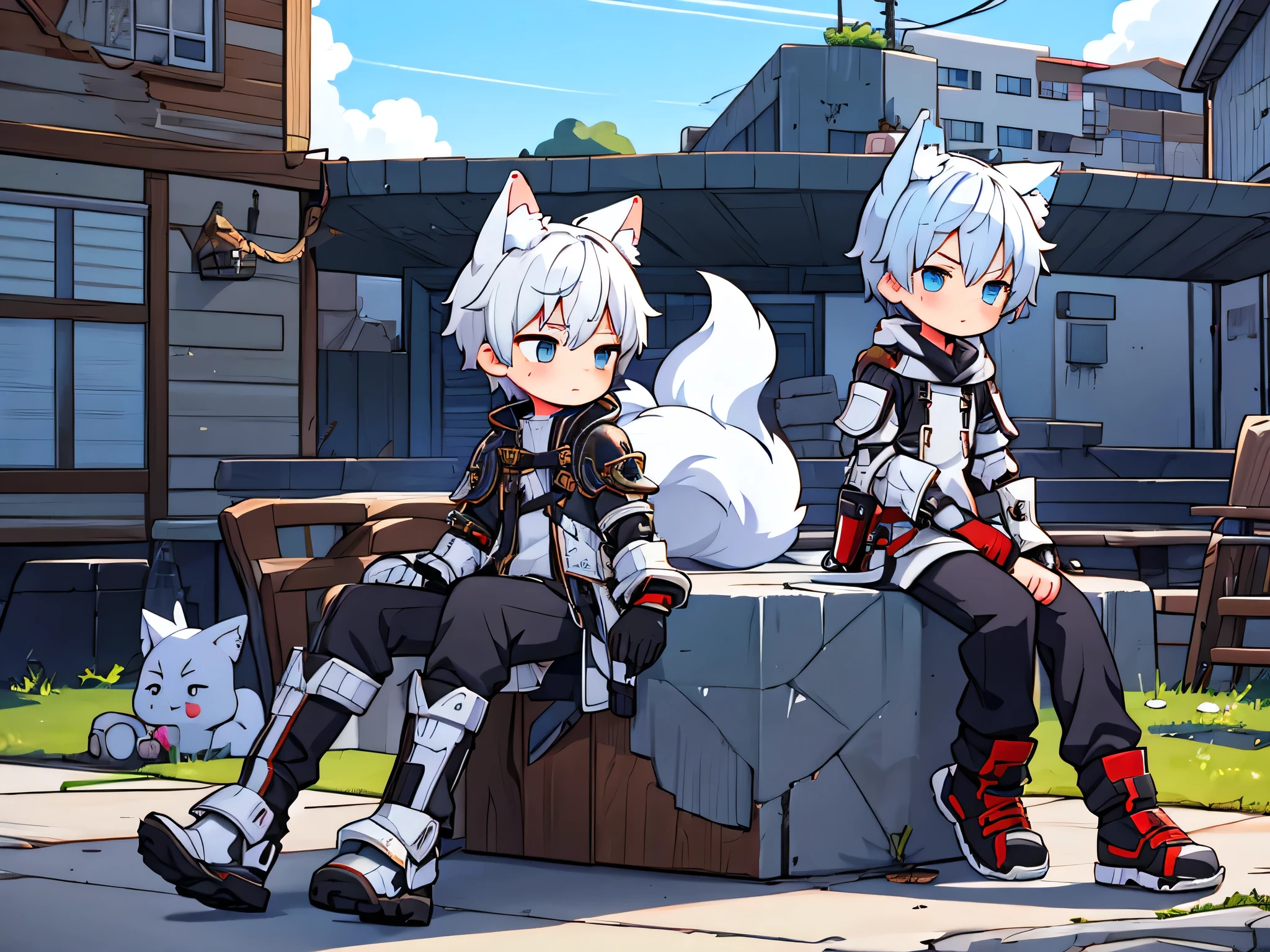 Game CG， 8K quality ，((1 boy))，hood ， anime male protagonist ，Wolf ears，Tail，Handsome Face ， tactical communication goggles ，Silvery-white and sky blue dyes， Mechanical Full Body Armor，Back of manipulator， mechanical combat boots ，Full body portrait，Single，defeated，Damaged ，Sit down on the ground， No Background 