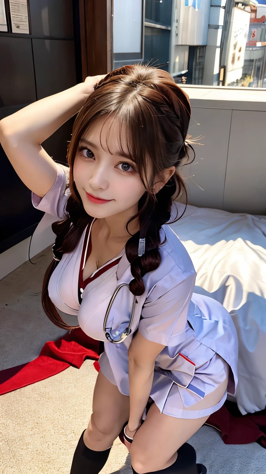 ((highest quality, 8K, masterpece :1.4)), highest real,Sharpness:1.3, Perfect Body Beauty:1.4,(pureerosface_v1:0.008), ((super real,best quality)),(soft lighting),super detailed face,top-quality,SUPER high resolution,Extraordinary beautiful girl,Detailed cute and beautiful face,facial hairs,Bangs that extend to the face,Bangs between the eyes,eye liner,Lush bust,fine eyes, double eyelid,((In-focus image,no blur)),,(((alone girl))),fine detail,highly detailed face and eyes, (cute face:1.6), my sister,18years old,(huge breasts:1.8,beautiful areola,small areola),----((NSFW:1.4))----------((make eye contact with the audience)),((Composition from the avobe:1.2)),-----(Inside the hospital, bright room, Marble floors, white concrete walls,large windows, sunlight shines in),(Beautiful BROWN hair:1.2, long Hair:1.2,CUTE HAIR STYLE),-----(SMILE FACE:1.4),PAIZURI:1.5.(((long penis, breasts blowjob:1.2)), (( penis is between breasts:1.2)),((Close your breast with both hands))),------(Squatting:1.4,arched back:1.3,place both hands on breasts:1.2),((close up face:1.2,upper body:1.2)),-----((Real short nurse uniform:1.2, white nurse uniform:1.2, white nurse cap:1.2)