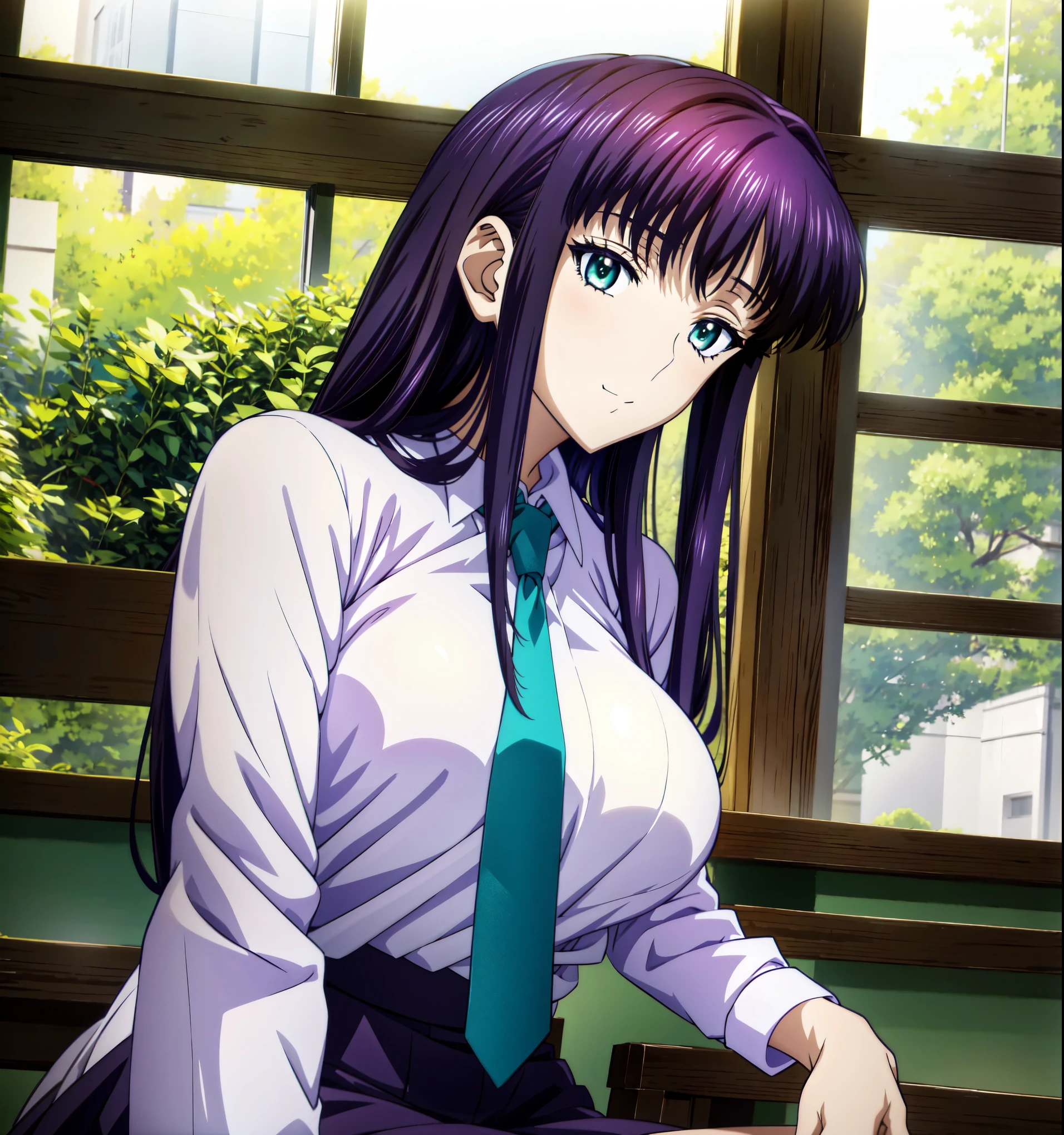 Anime girl with long purple hair sitting on a bench in front of a window, Kasori Misato, Another Iwakura, close up Another Iwakura, Beautiful Anime High School Girls ,   Anime Moe Art Style  , Official anime stills, Cute anime girl visuals, close up of Another Iwakura, Official Art, Official studio anime stills,  Anime Best Girl ,Green Eyes, eyes like jewels