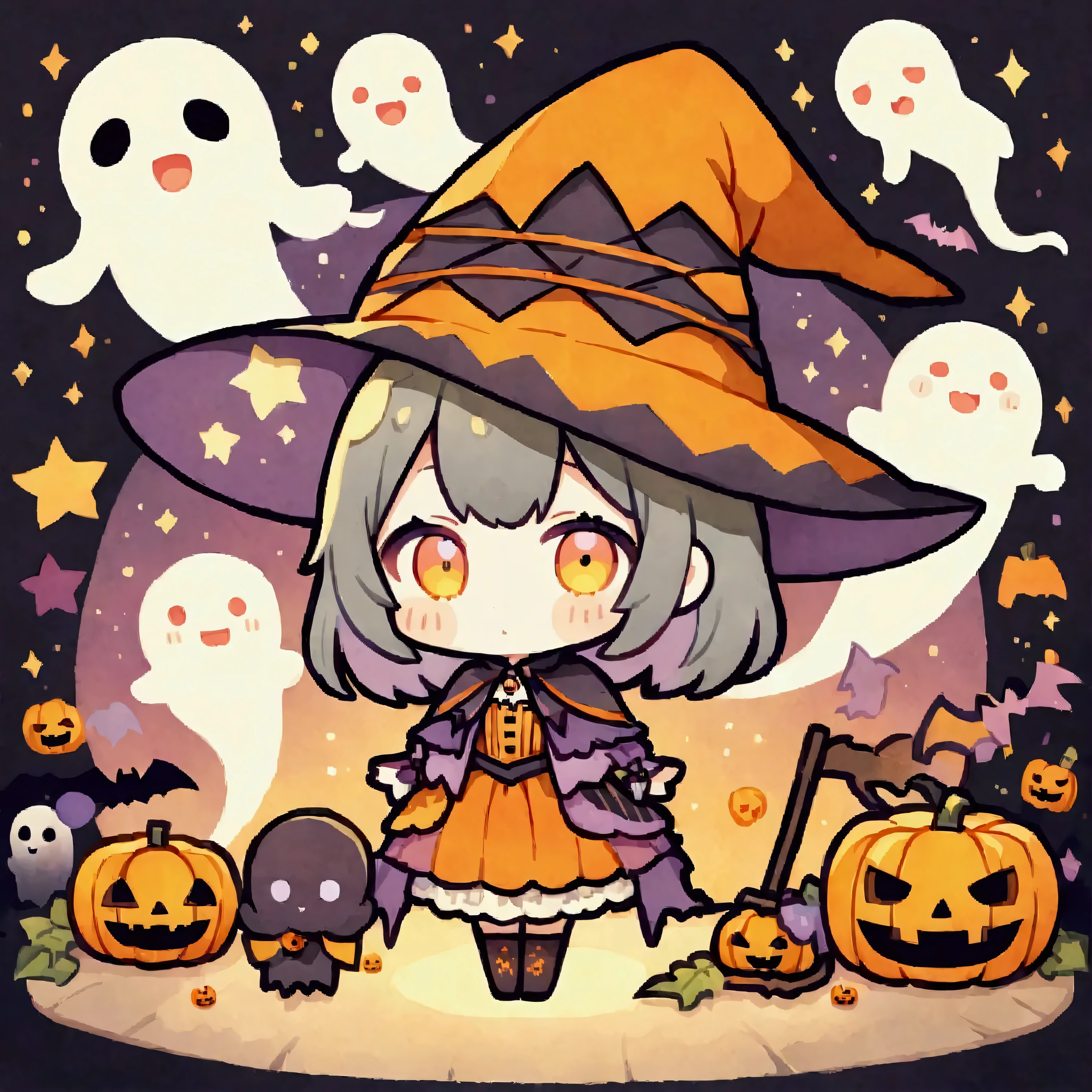 handicraft artwork,patchwork,cloth,button,Felt fabric,Embroidery thread,Handicrafts with a warm and gentle atmosphere,(Halloween,A girl dressed as a witch smiles,Chibi, full body, pumpkin,ghost silhouette,Bats),A dream-like sight,rustic colors,intricate details,artwork,Three-dimensional