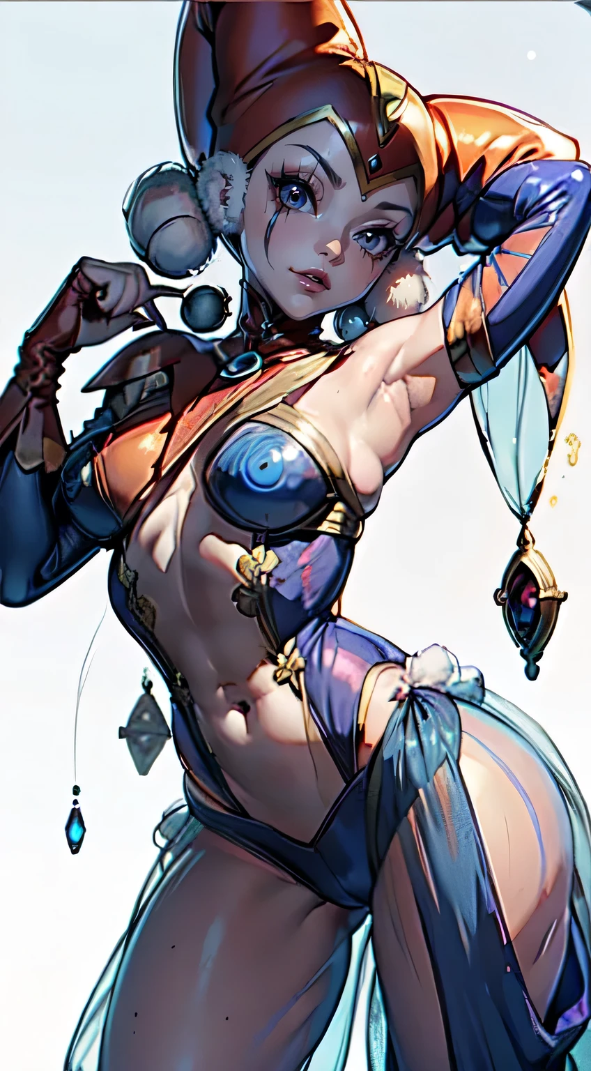 harle_\(chrono_cross\), facepaint, red_leotard, ((blue see-through harem_pants)), jester_cap, pawg, thick thighs, thigh gap, large hips, narrow waist, beautiful woman, curvy, toned body, sexy, 