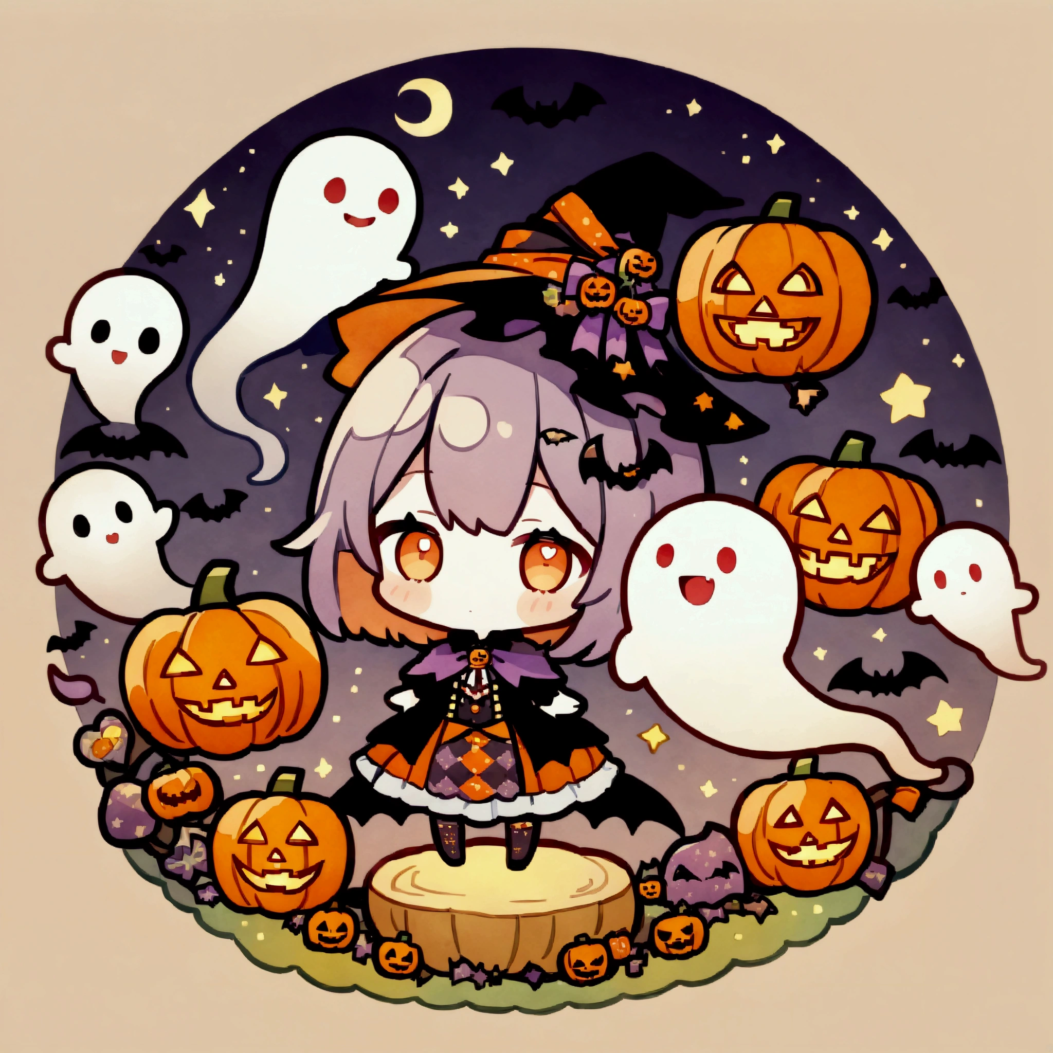 handicraft artwork,patchwork,cloth,button,Felt fabric,Embroidery thread,Handicrafts with a warm and gentle atmosphere,(Halloween,A girl dressed as a witch smiles,Chibi, full body, pumpkin,ghost silhouette,Bats),A dream-like sight,rustic colors,intricate details,artwork,Three-dimensional