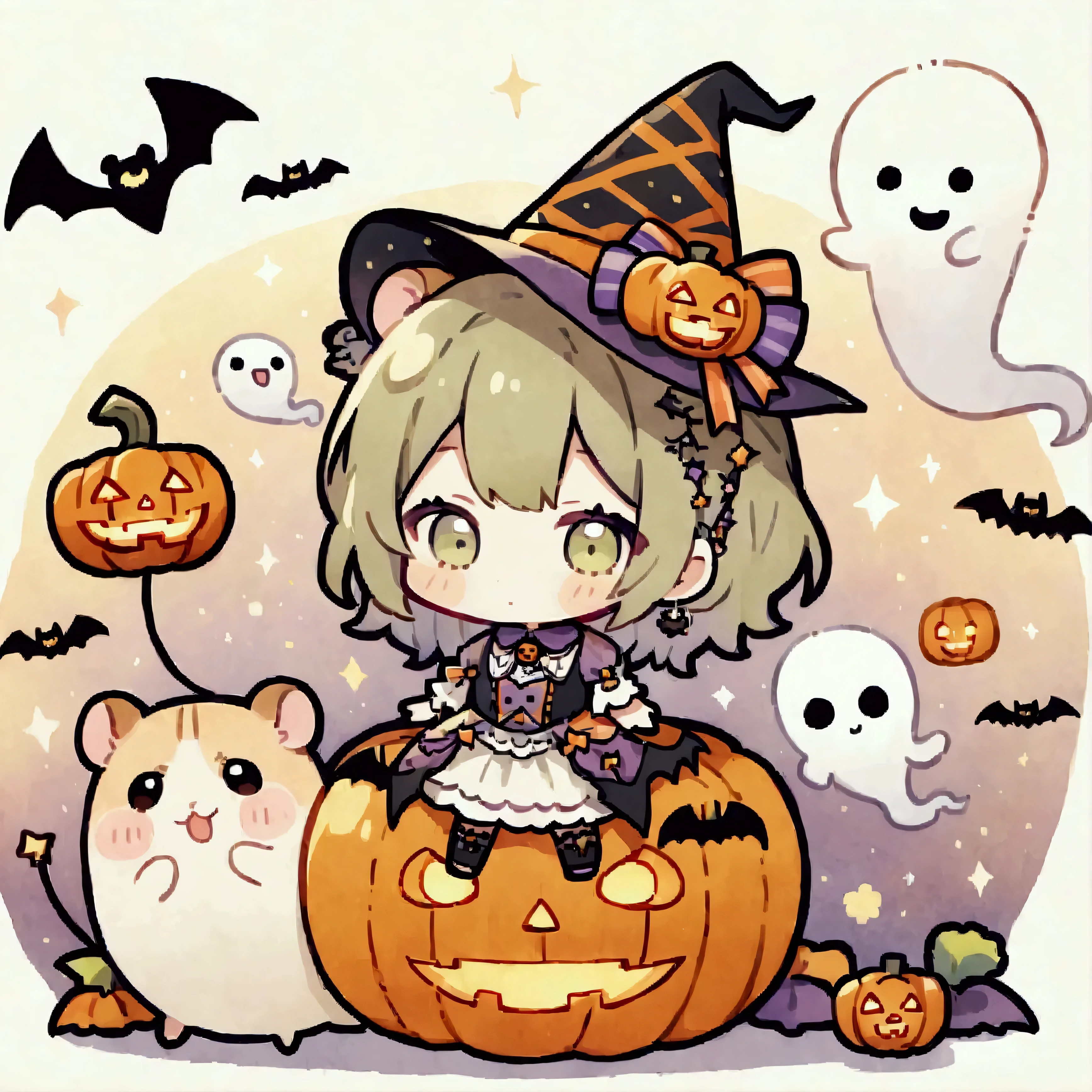 handicraft artwork,patchwork,cloth,button,Felt fabric,Embroidery thread,Handicrafts with a warm and gentle atmosphere,(Halloween,A girl dressed up as a hamster smiles,Chibi, full body, pumpkin,ghost silhouette,Bats),A dream-like sight,rustic colors,intricate details,artwork,Three-dimensional