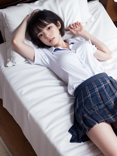 School uniform, ((())), no makeup, high resolution, professional photo, high resolution, small breasts, slim, lie on your back in bed, open your legs and show your underwear, expression of fear, tears in your eyes, ((her skirt is rolled up)), short hair