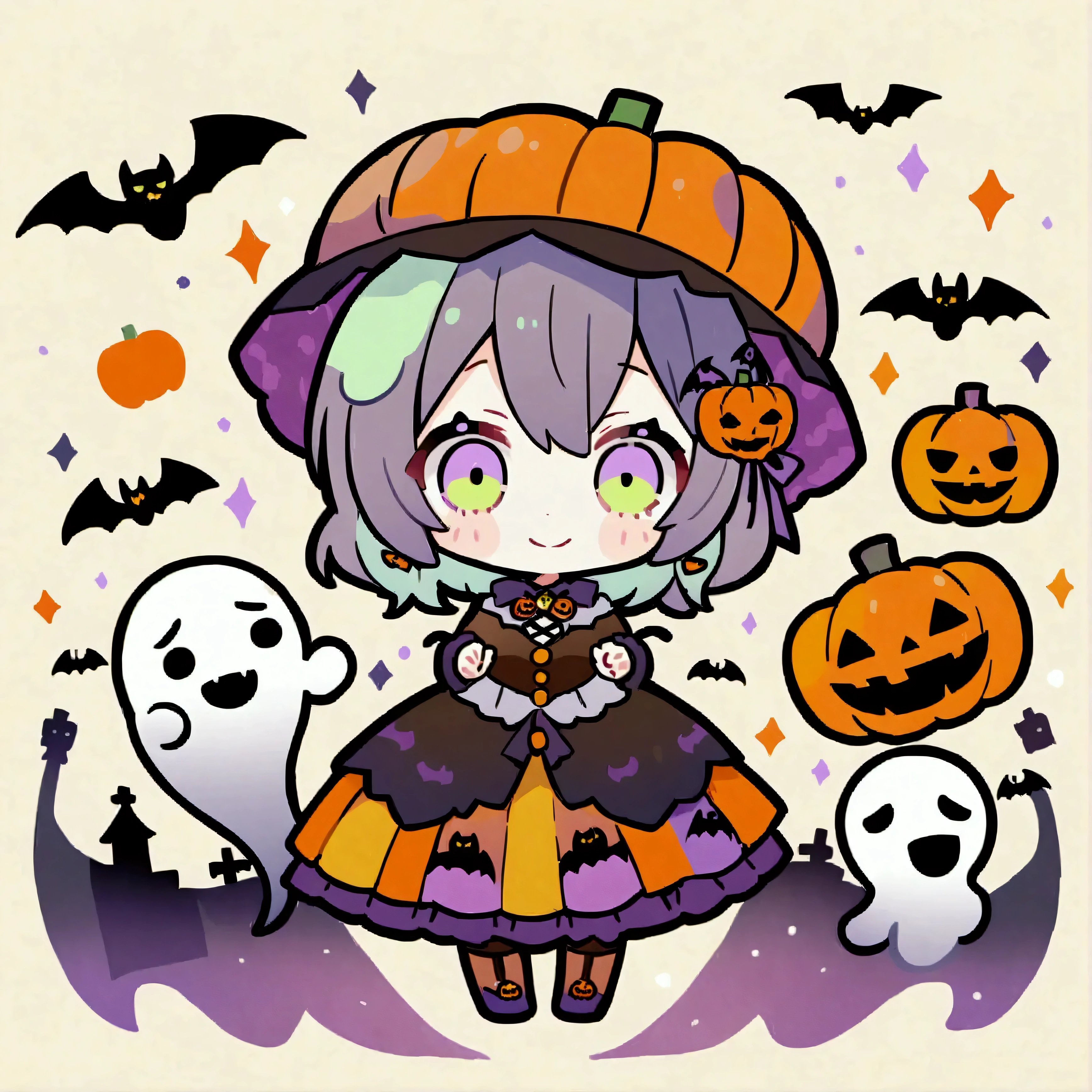 handicraft artwork,patchwork,cloth,button,Felt fabric,Embroidery thread,Handicrafts with a warm and gentle atmosphere,(Halloween,A girl in a zombie costume smiles,Chibi, full body, pumpkin,ghost silhouette,Bats),A dream-like sight,rustic colors,intricate details,artwork,Three-dimensional