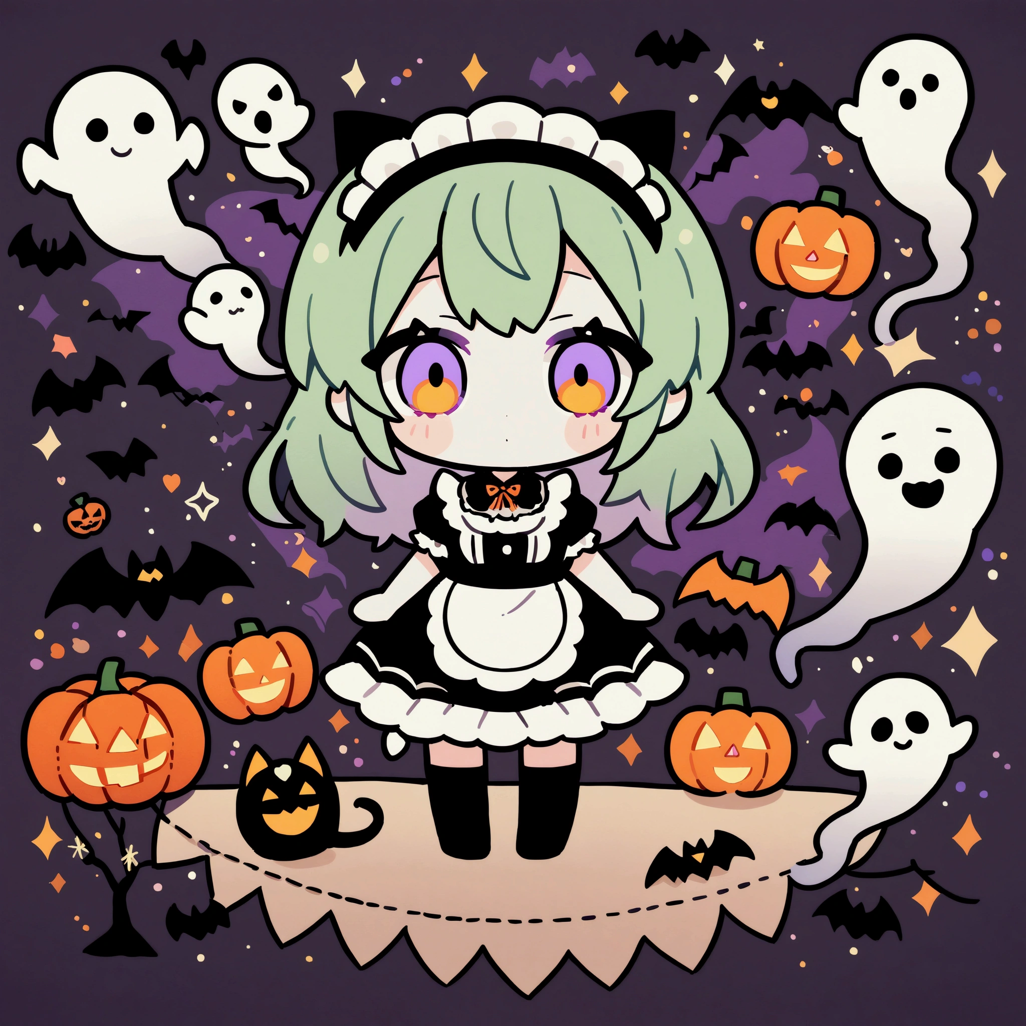 handicraft artwork,patchwork,cloth,button,Felt fabric,Embroidery thread,Handicrafts with a warm and gentle atmosphere,(Halloween,A girl wearing a black cat maid costume smiles,Chibi, full body, pumpkin,ghost silhouette,Bats),A dream-like sight,rustic colors,intricate details,artwork,Three-dimensional